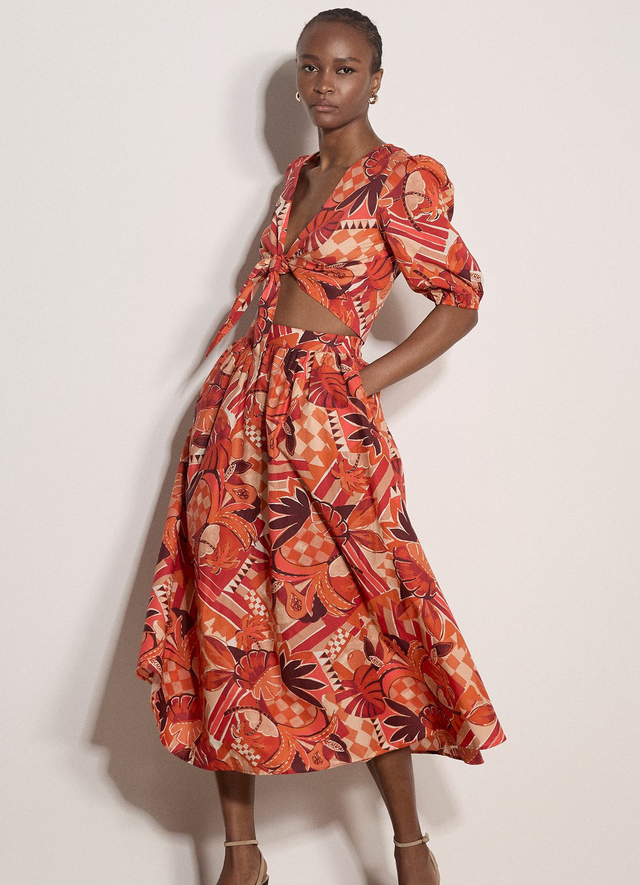 Apricot Midirock Midirock mit tropischem Blatt-Patchwork und elastischem Bund