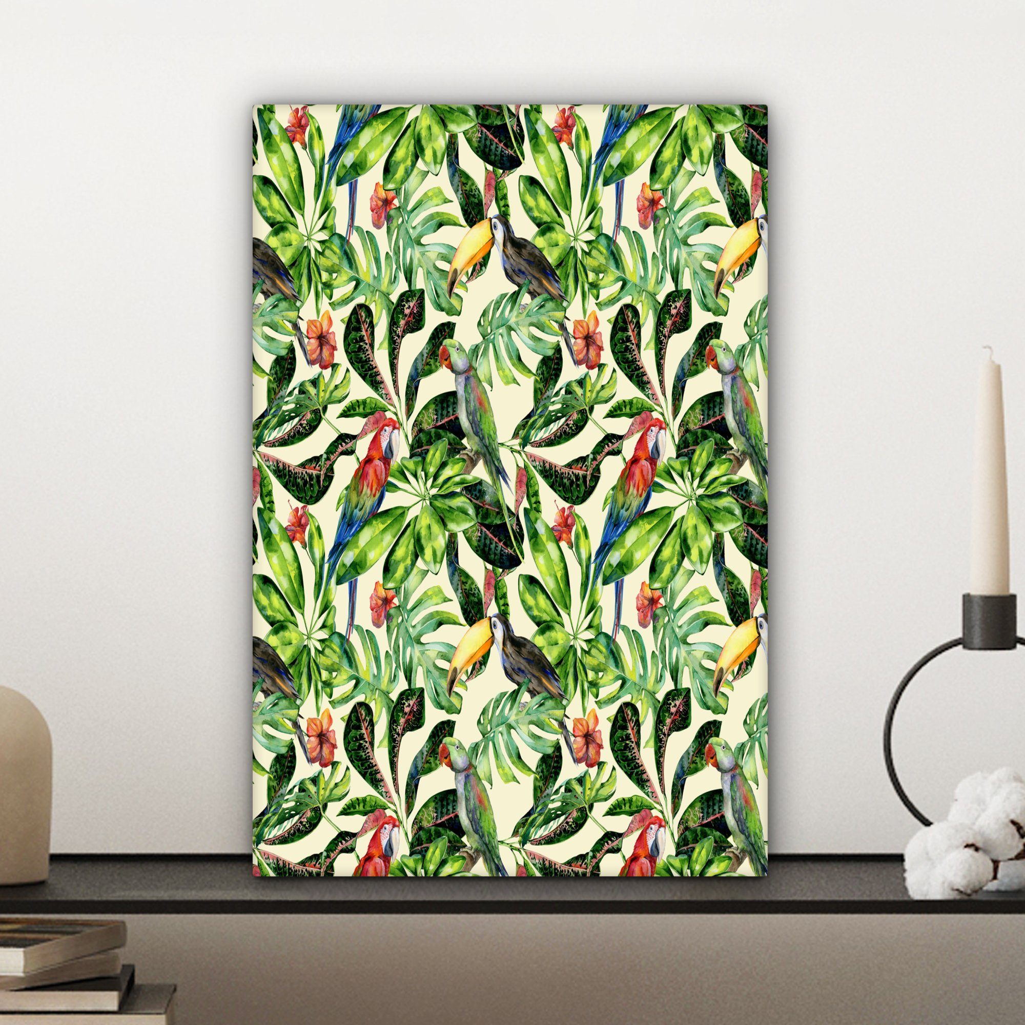Zackenaufhänger, - Blätter, fertig inkl. cm Gemälde, OneMillionCanvasses® Vogel Leinwandbild (1 St), 20x30 - Leinwandbild Blumen bespannt