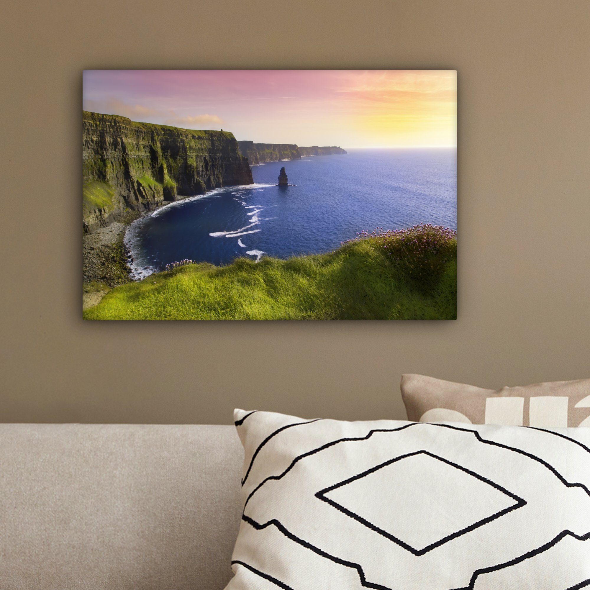 (1 Moher of Wandbild Irland, Cliffs den in Aufhängefertig, 30x20 cm OneMillionCanvasses® Wanddeko, auf Leinwandbild Sonnenlicht St), Leinwandbilder,