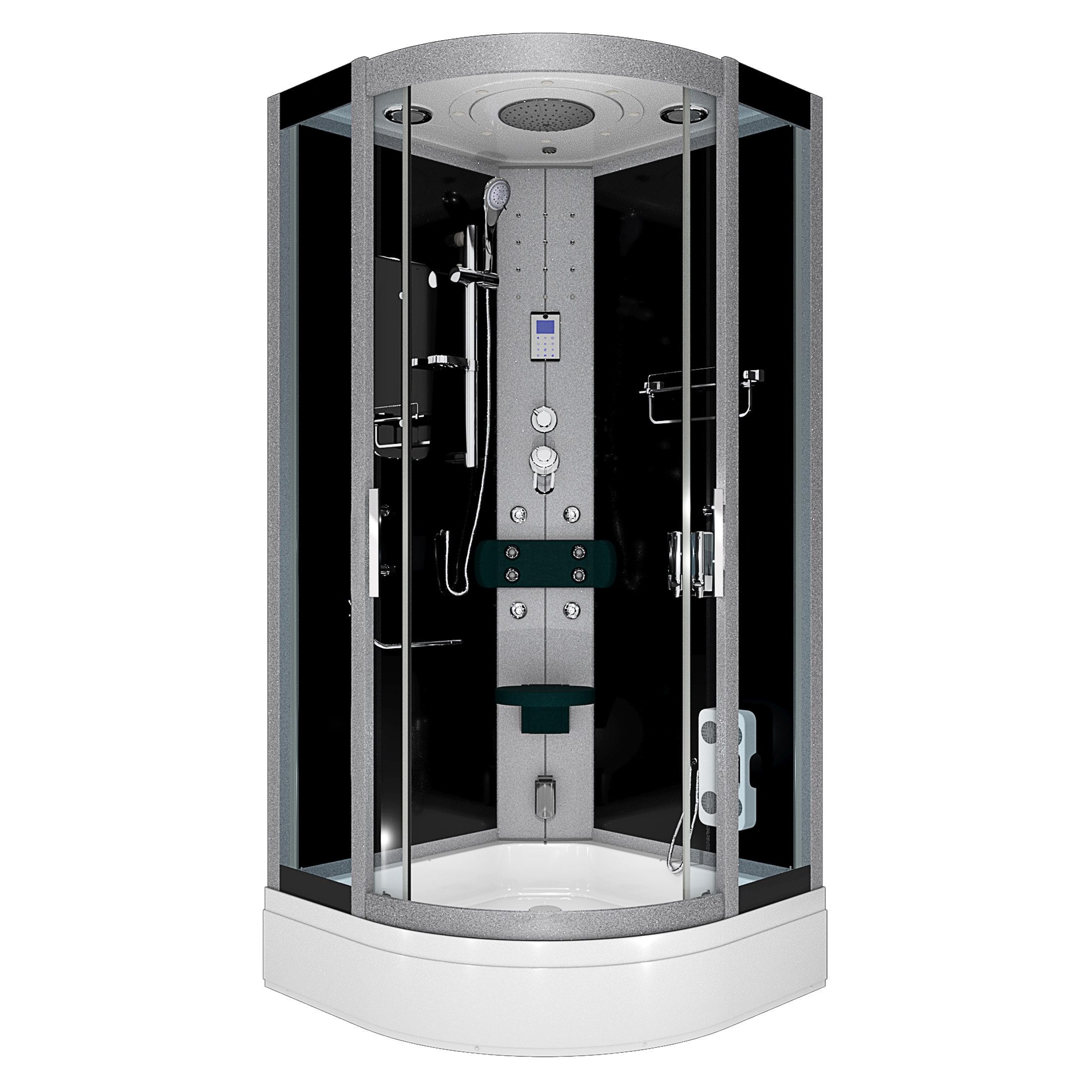 AcquaVapore Komplettdusche Duschkabine Dusche D46-63T0 Schwarz 100x100, Sicherheitsglas ESG, inklusive Duschwanne, Höhenverstellbar, Mit Bauanleitung, Mit Beleuchtung, Mit Spiegel, Gehä