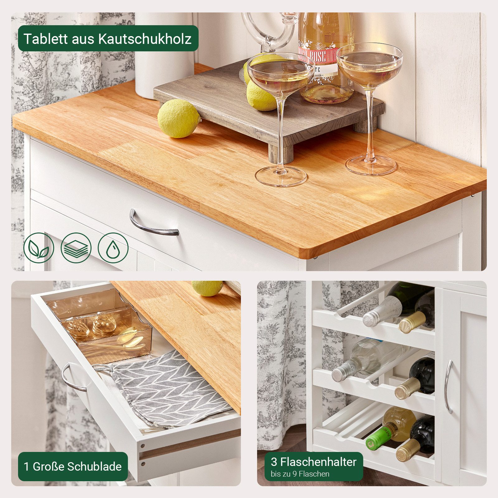 SoBuy Küchenwagen FKW45, Küchenwagen auf Rollen, Kücheninsel, Küchenregal, Servierwagen mit Flaschenablagen Weinschrank Rollwagen Küche Esszimmer – Bild 4 von 5
