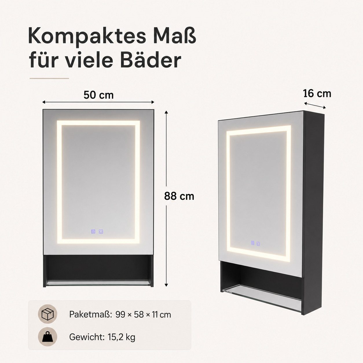 Simurq Badezimmerspiegelschrank LED Spiegelschrank 50 cm schwarz 1-türig Anti-Beschlag (Einzelartikel, 1-St., 1 Spiegelschrank) 3 Lichtfarben, offene Glasablage