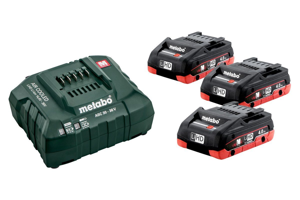 metabo Akku-Set Metabo Akku Basis-SetErsatzakkus für Elektrowerkzeuge von MetaboDas Set enthält drei Akkus und ein LadegerätLadegerät ASC 55Zum Aufladen aller Li-Ion und LiHD Schiebesitz-Akkupacks (12 V -36 V) mit angepasstem Akku-LadestromPatentierte "AIR COOLED"-Ladetechnologie: Akkukühlung beim Laden für deutlich reduzierte LadezeitenSehr geringe Stand-by AufnahmeleistungProzessorgesteuertes Lademanagement für schonendes Laden und maximale Anzahl der LadezyklenEin Ladegerät für alles. Zum Aufladen aller Akkupacks der CAS PartnerTechnische DetailsArt des Akkupacks: LiHDSpannung des Akkupacks: 18 VAkkukapazität: 3 x 4 AhLieferumfang3 x LiHD Akkupack 18 V/4,0 Ah1x Ladegerät ASC 55Metabo Qualitätswerkzeuge…… 1923 baute Albrecht Schnizler die erste Handbohrmaschine. Dieser Metallbohrdreher ist Pate für den Namen Metabo. Heute beschäftigt das Traditionsunternehmen knapp 2.000 Mitarbeiter, davon 1.200 in Nürtingen, Deutschland. 25 Tochtergesellschaften und mehr als 100 Vertretungen sorgen