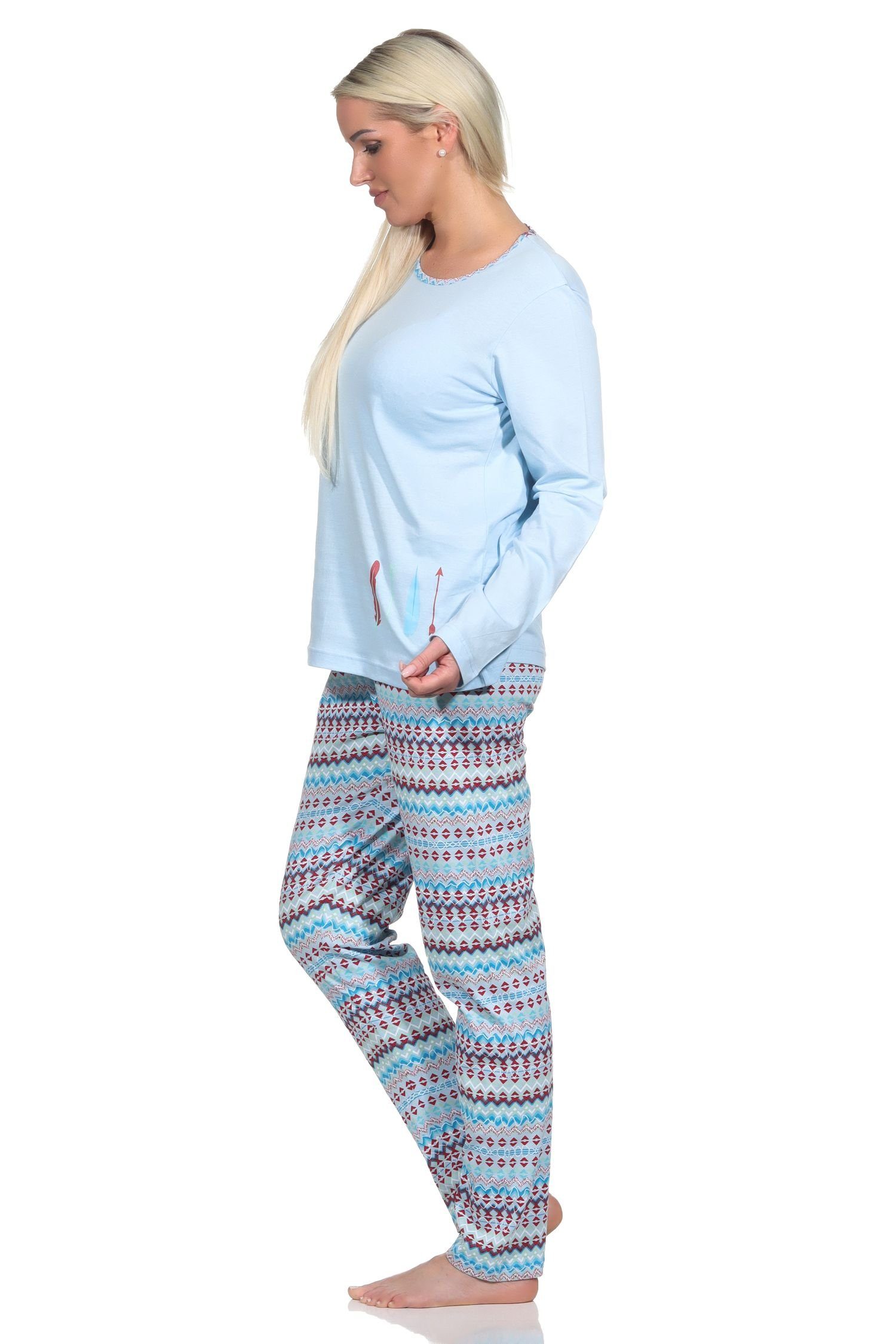 Normann Optik hellblau Damen Wunderschöner Schlafanzug langarm Pyjama Ethno Pyjama Look in