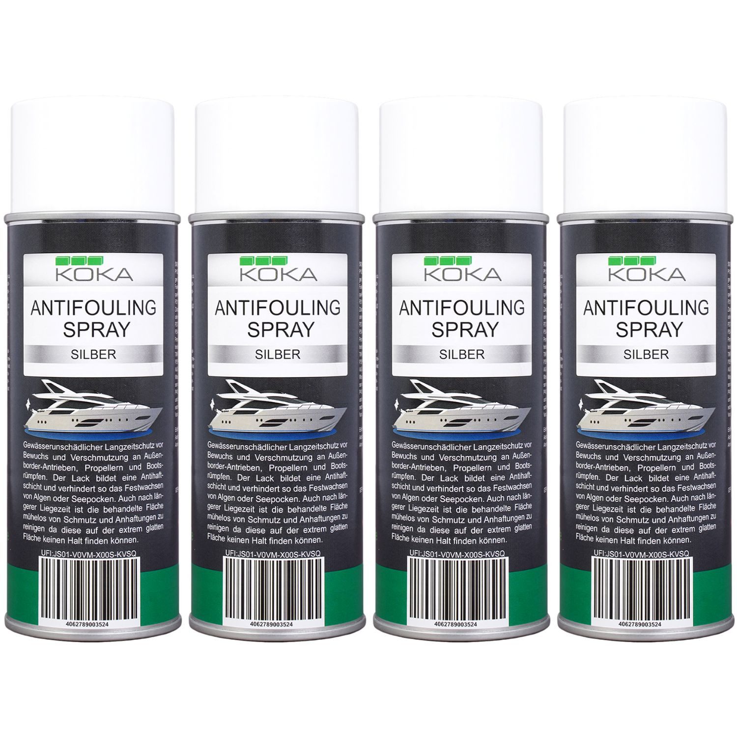 KOKA 4x Antifouling Spray Silber Bewuchs-Schutz Boot Lackschutz (Dosen, 4 St., 4x 400ml Dose), Langzeitschutz Antihaft-Schicht für Bootsrumpf Rumpf Antrieb Propeller