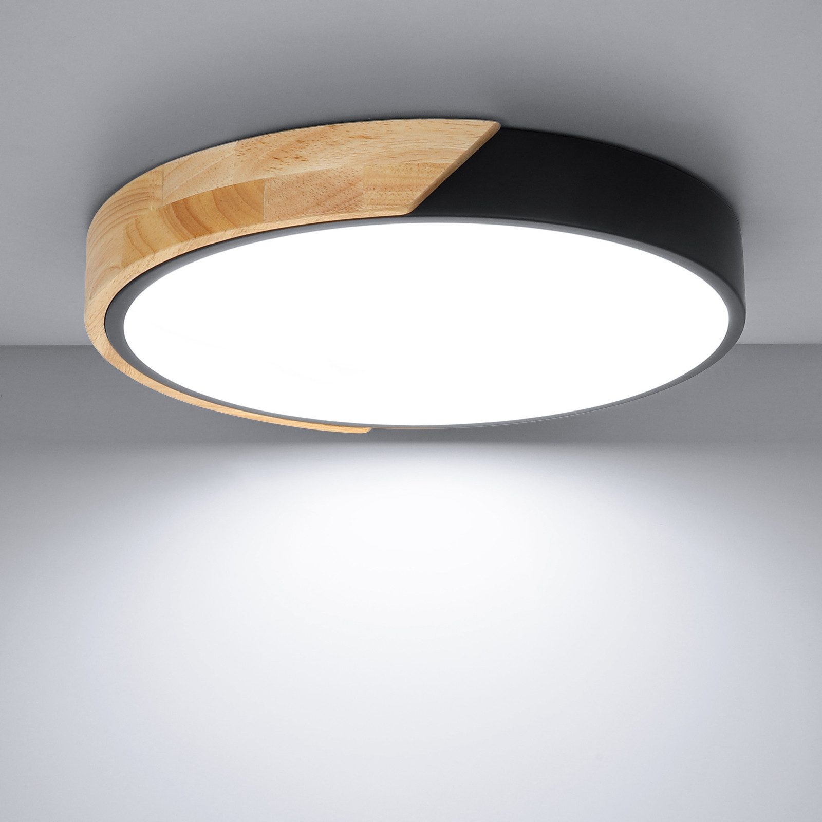 Kimjo Deckenleuchte runde LED-Deckenlampe, Ø30cm ultradünn für alle Wohnräume, LED fest integriert, kaltweiß, LED-Panel mit Holzoptik & schwarzem Rahmen, 24 W, 6000 K
