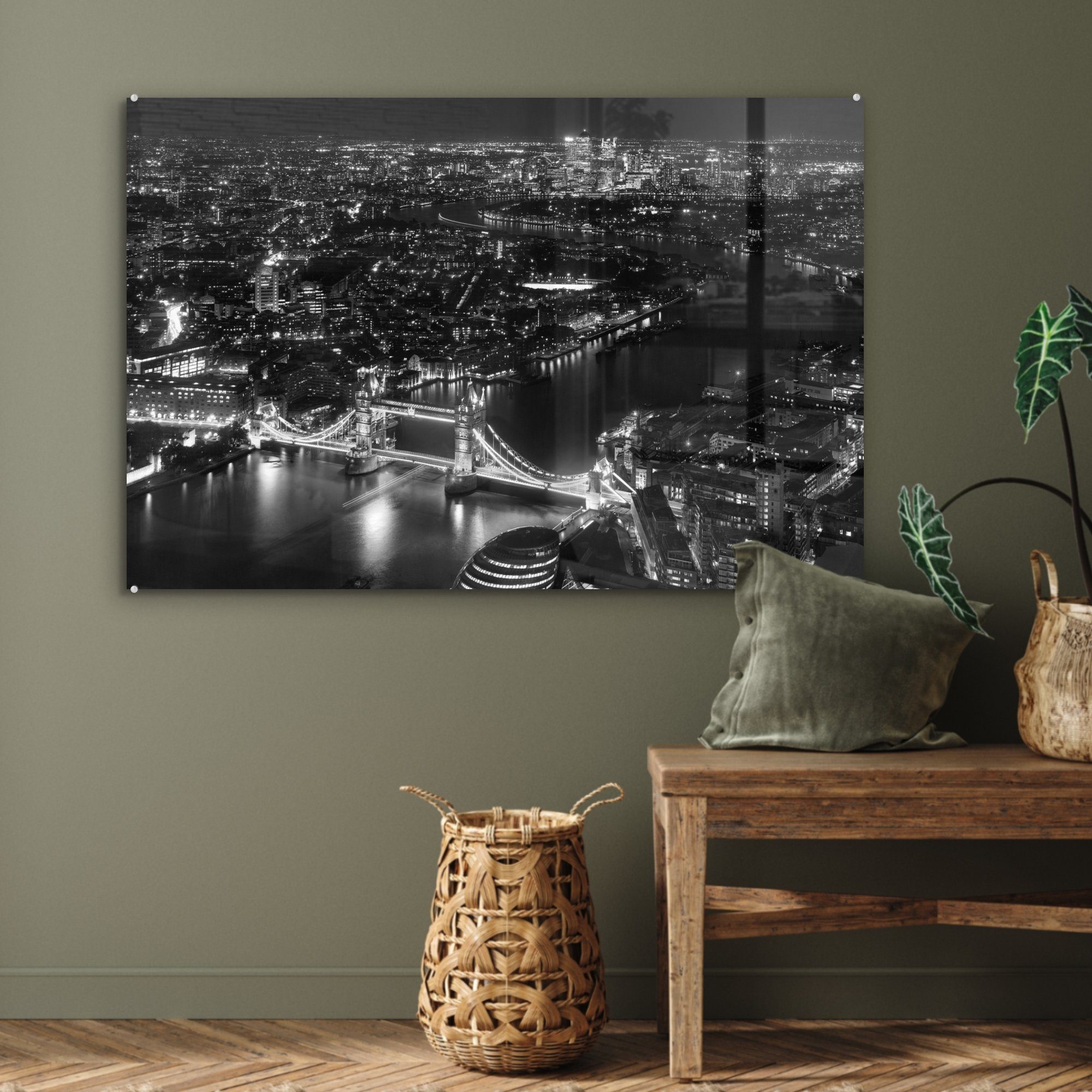 MuchoWow Acrylglasbild Luftaufnahme von -, Wohnzimmer Acrylglasbilder mitten (1 London in mit Bridge Nacht St), der Tower & Schlafzimmer