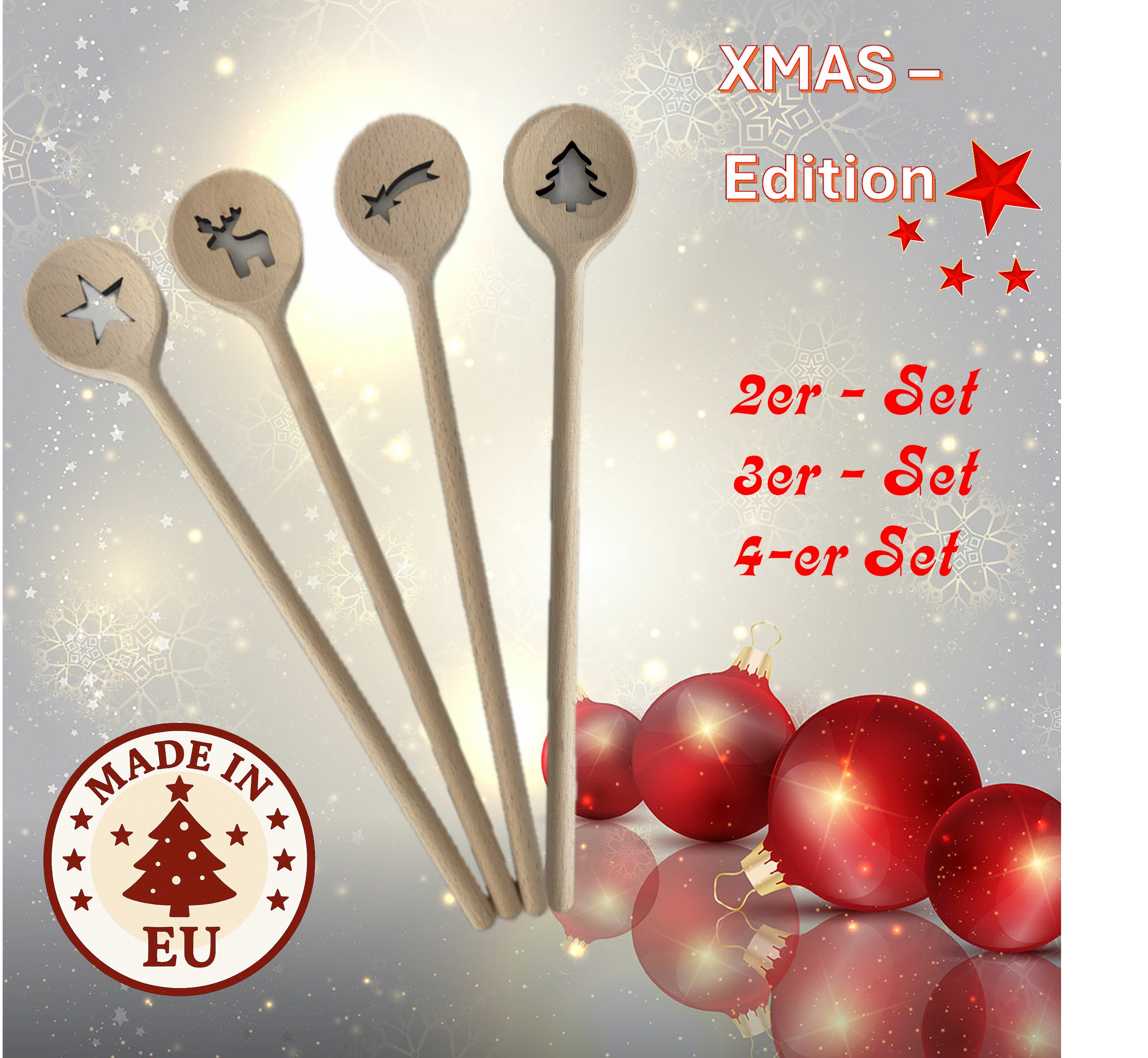 homiez Kochlöffel 2-er/ 3-er/ 4-er Set Weihnachtsmotive Buchenholz 30 cm