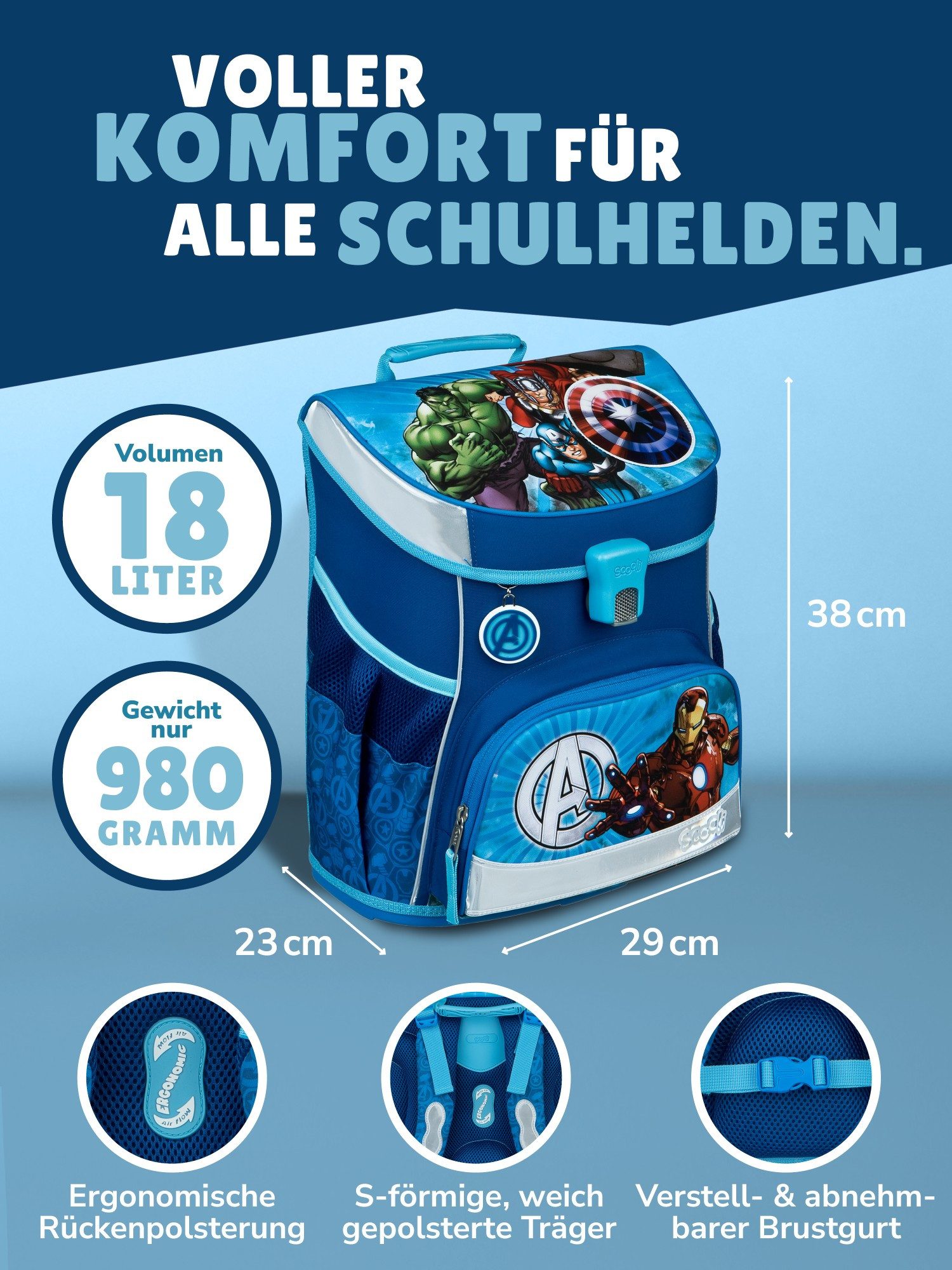 Scooli Schulranzen Campus Fit Avengers Schultasche, ab 1. Klasse, 980 Gramm, 18L Fassung (Grund-Set, 5-tlg., mit gefüllter Federmappe), leicht, ergonomisch, rob – Bild 4 von 5