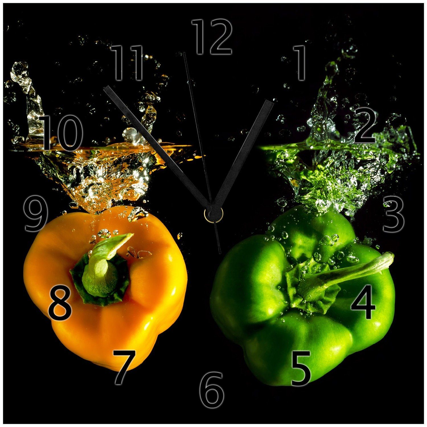 im und Wasser Wanduhr orange Paprika in Bunte grün (Glasuhr) Küche Wallario