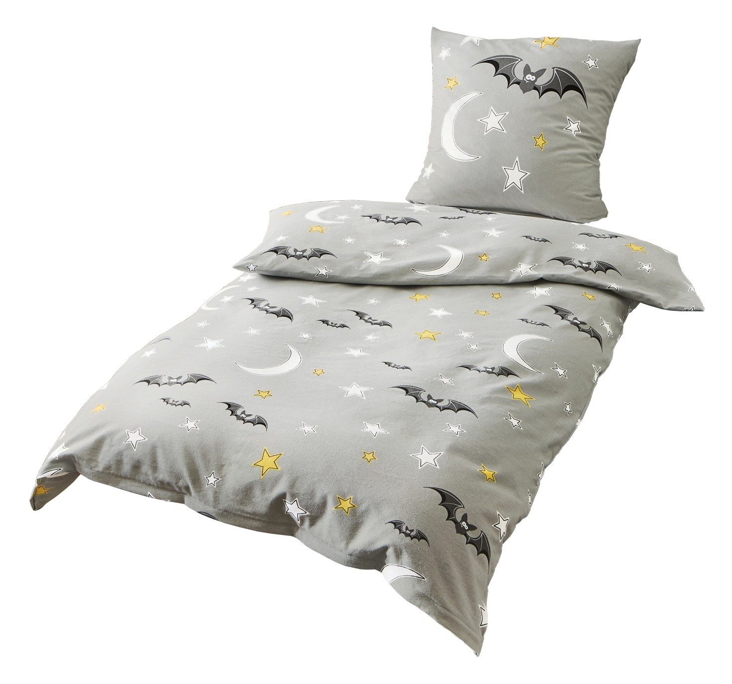 JACK Kinderbettwäsche JACK by Bierbaum Kinder Biber Fledermaus Bettwäsche 2 tlg. 135x200cm, Biber, 2 teilig, Kinderbettwäsche mit tollem Motiv, Sterne, Mond, Grau, weiche Qualität