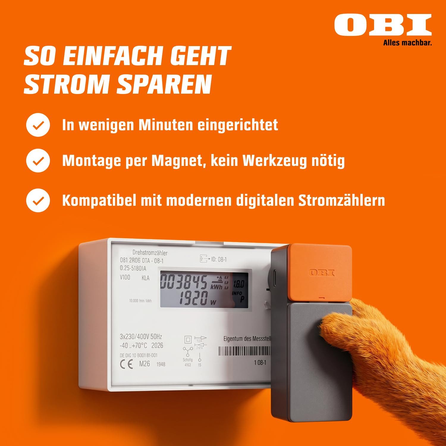 OBI Strommessgerät ENERGY TRACKER – Smarter Stromzähler-Ausleser mit App, Proprietär, App-Steuerung, Echtzeit-Verbrauch, DSGVO-konform