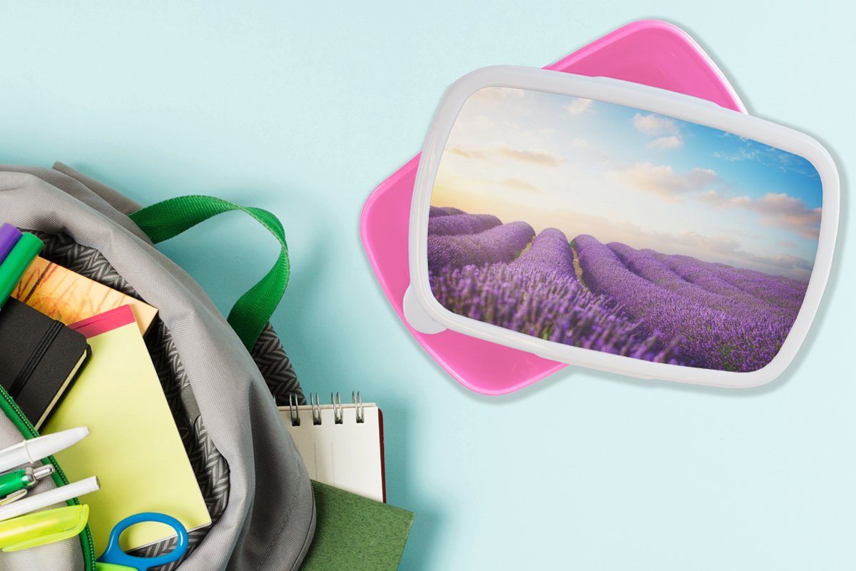 Mädchen, Brotbox - Snackbox, MuchoWow - für Brotdose (2-tlg), Blumen, Lunchbox Wolken Kunststoff, Kinder, Erwachsene, Lavendel rosa Kunststoff Himmel -