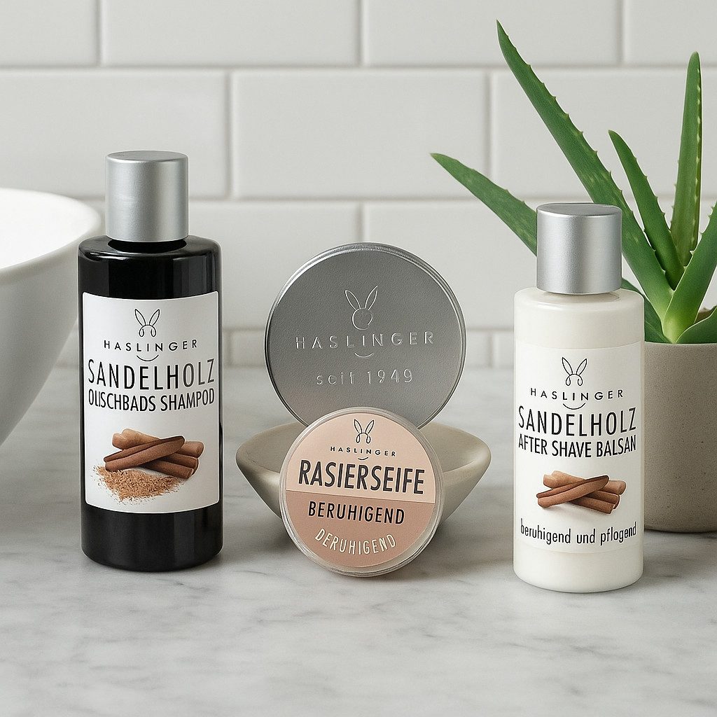 Haslinger Pflege-Geschenkset Sandelholz, 3-tlg., Duschbad & Shampoo, After Shave Balsam & Rasierseife