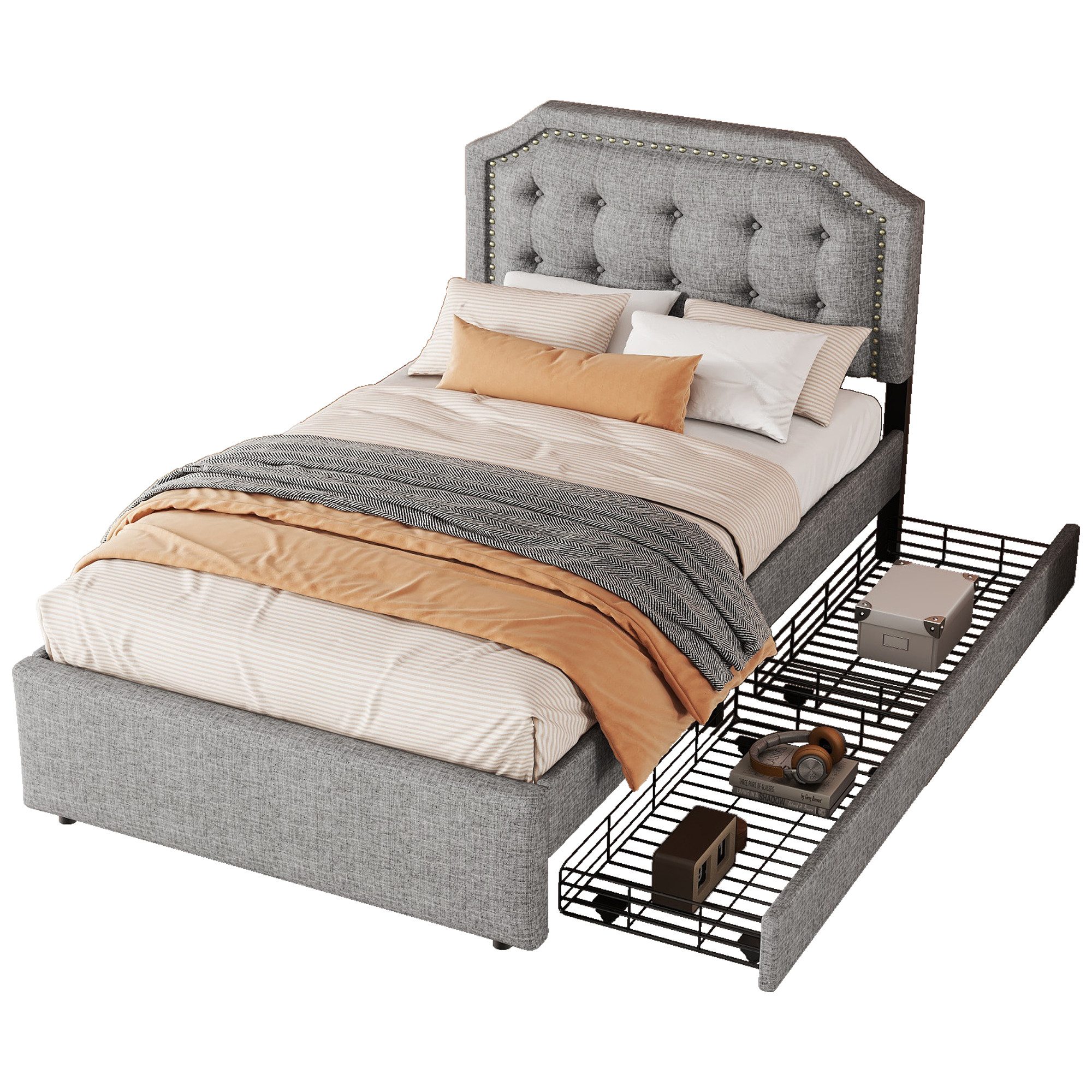 BlingBin Polsterbett Flaches Gepolstertes Bett, Nachttischpolsterung, doppelte Schubladen (1 Set, 1-tlg., 90*200 cm), 90*200 cm mit dekorativen Nieten, Dunkelbeige