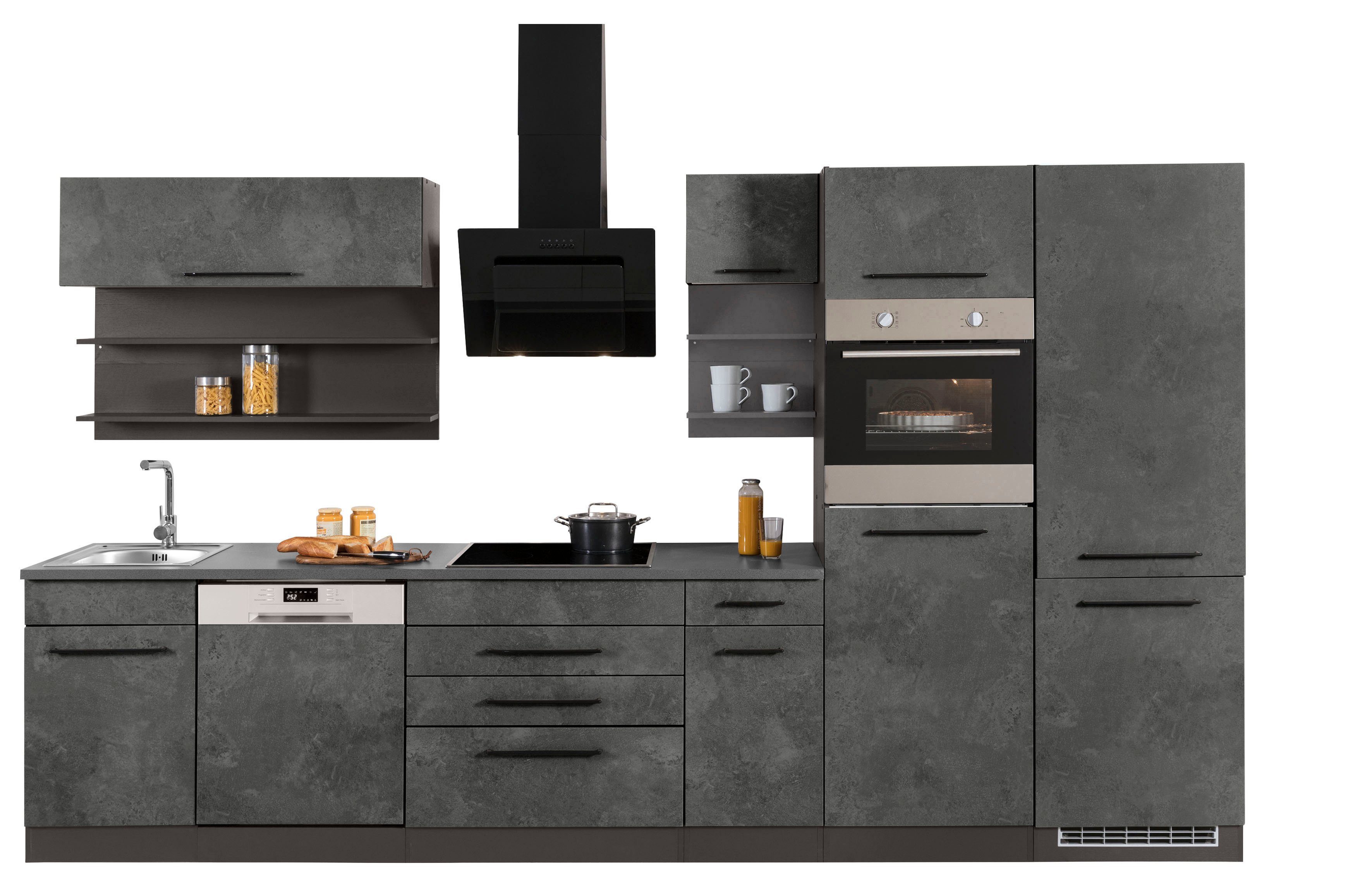 KOCHSTATION Кухниzeile KS-Tulsa, mit E-Geräten, Breite 350 cm, schwarze Metallgriffe, MDF Fronten