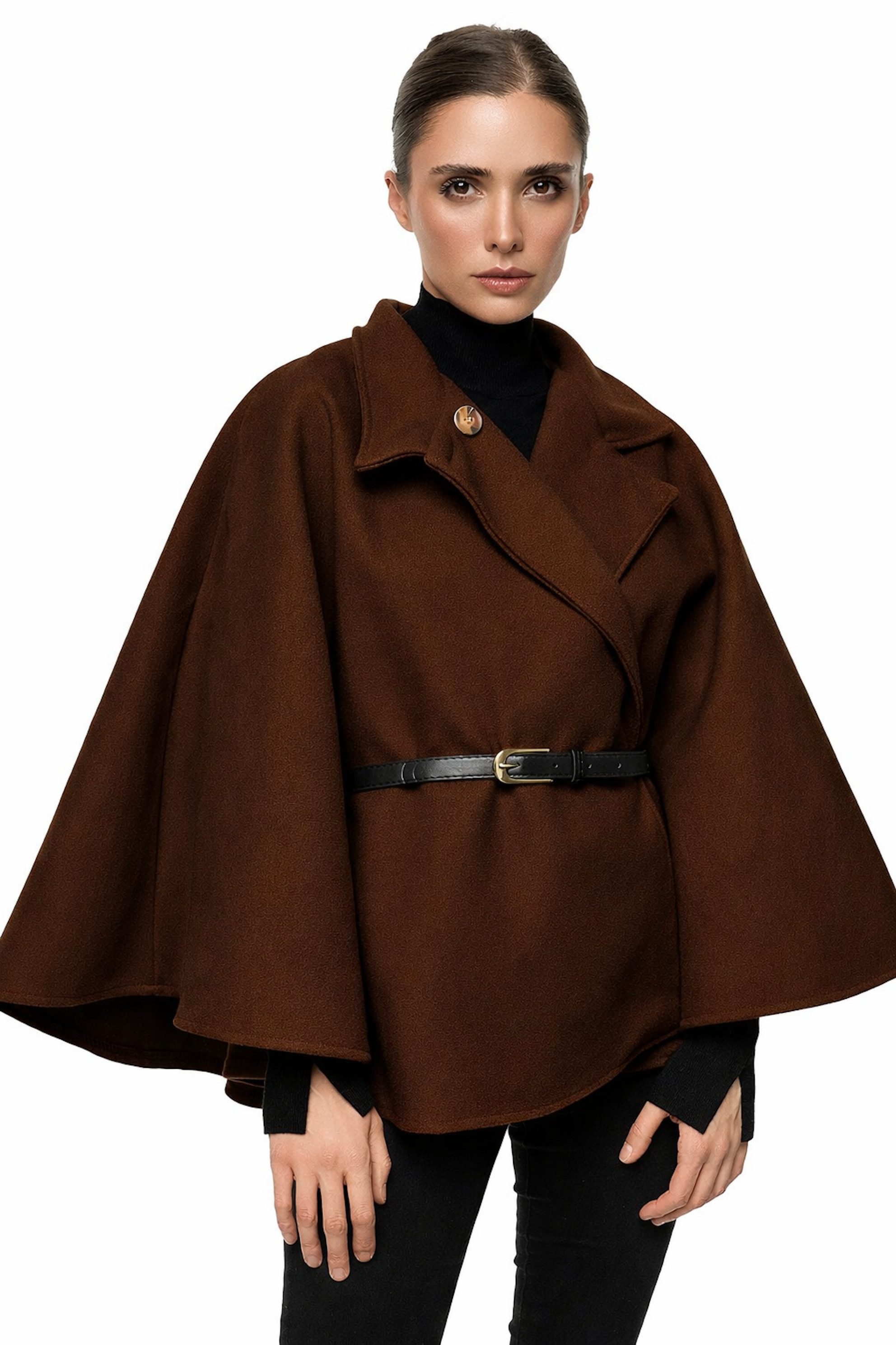 Worldclassca Poncho Worldclassca Poncho Crop Jacke Elegant Umhang Stehkragen mit Gürtel Neue Kollektion - Stilvolle und gemütliche Mode für Damen