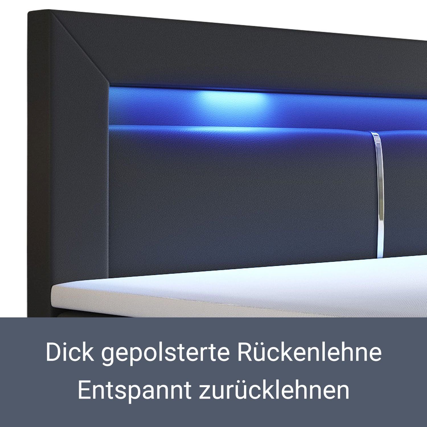 Kopfteil schwarz LED-Beleuchtung Norfolk, Federkernmatratze, 140 200 mit Bett und Juskys cm, Topper, x Boxspringbett