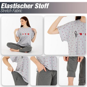 LOREZA Schlafanzug Schlafanzug Pyjama kurzarm- Herz - Grau (Set, 2 tlg)