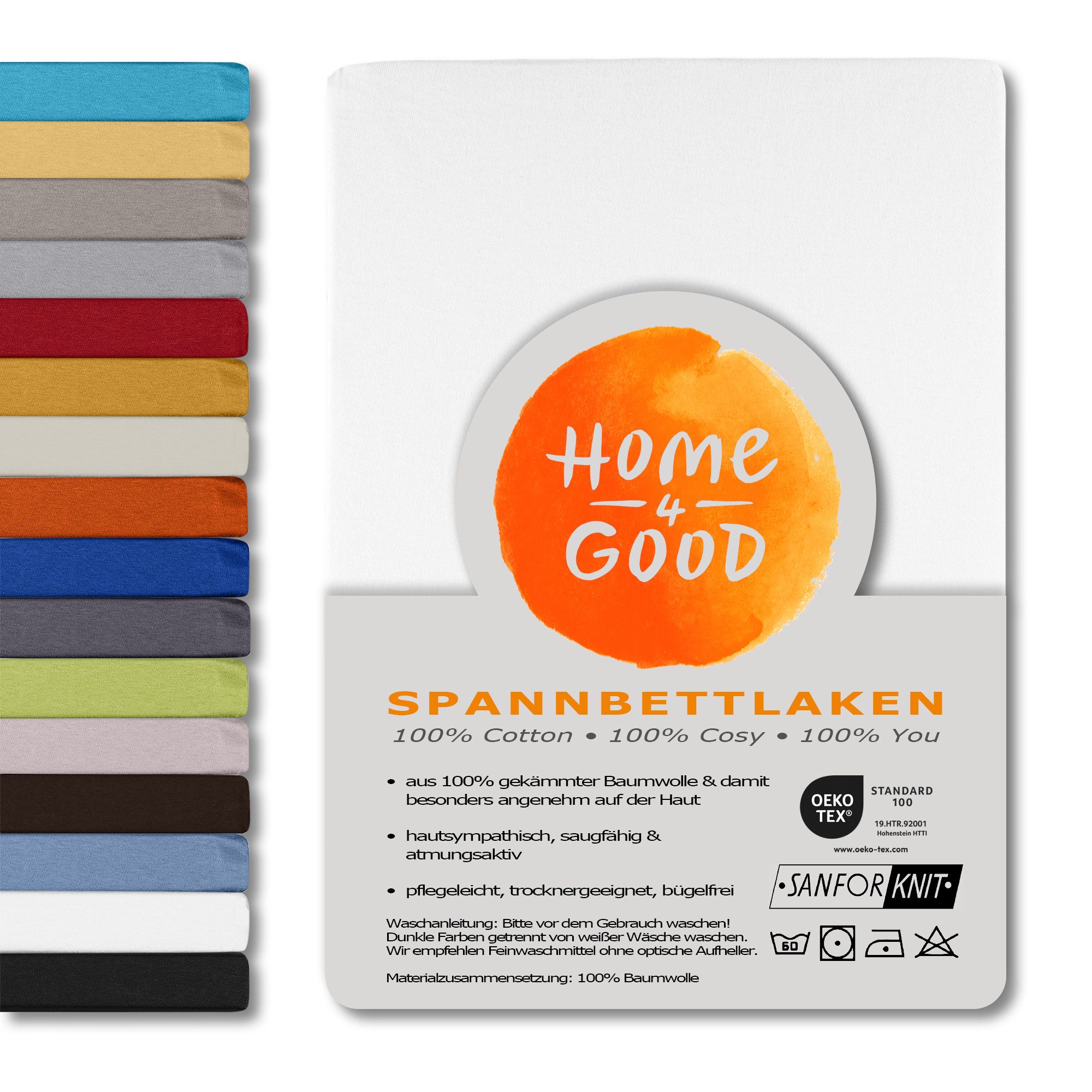 home4good Spannbettlaken viele Größen, viele Farben, 100% Baumwolle, OEKO-TEX 100, Jersey, Baumwolle, Gummizug: rundum, (1 Stück), 90x190 cm Bettlaken Spannbetttuch bis 25 cm Höhe - Weiß