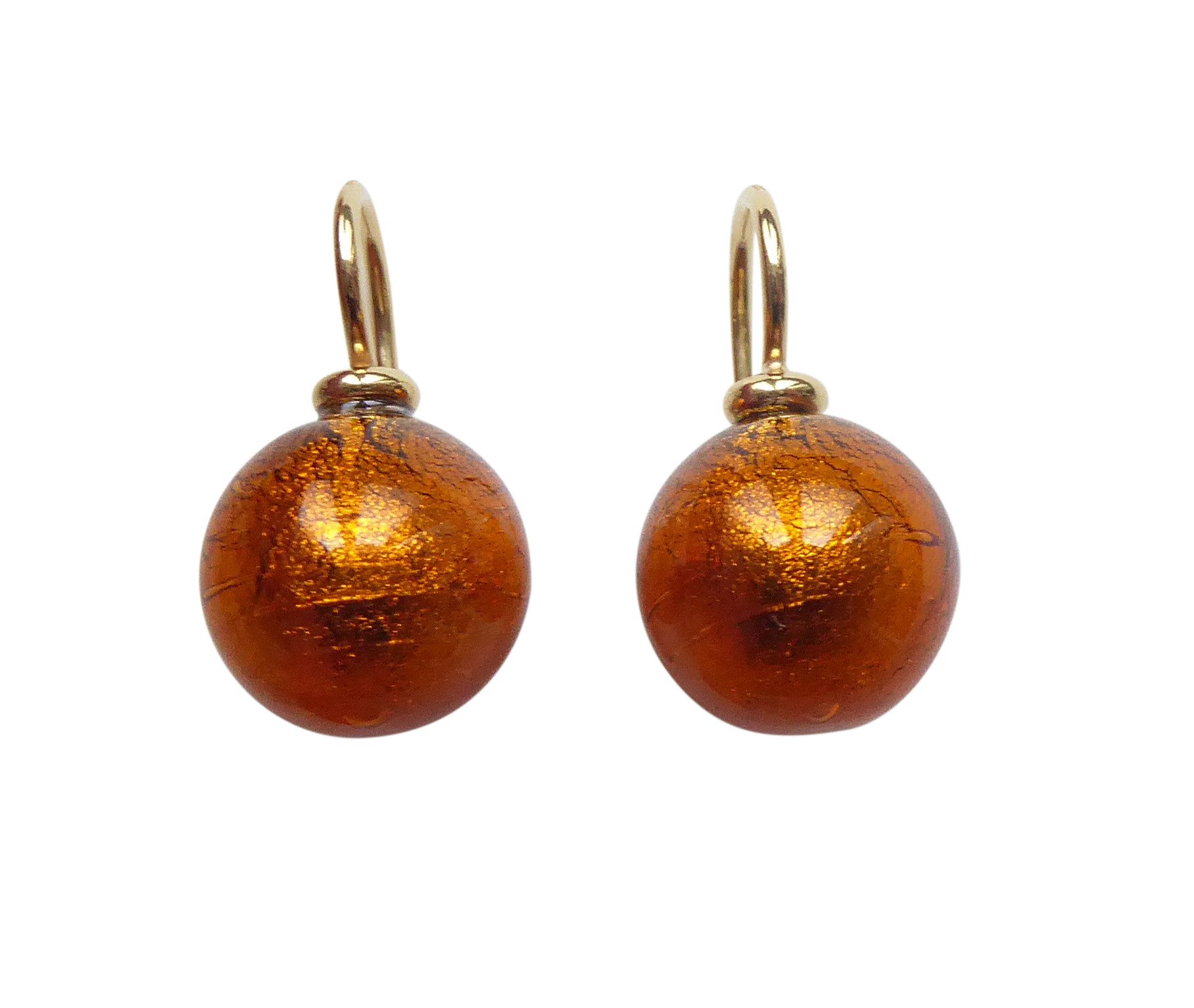 Mugello Paar Ohrhänger Murano bernstein gold platt. klassisch schick hochwertig Unikat, Handgearbeitetes Muranoglas mit eingearbeitetem Blattgold aus Italien