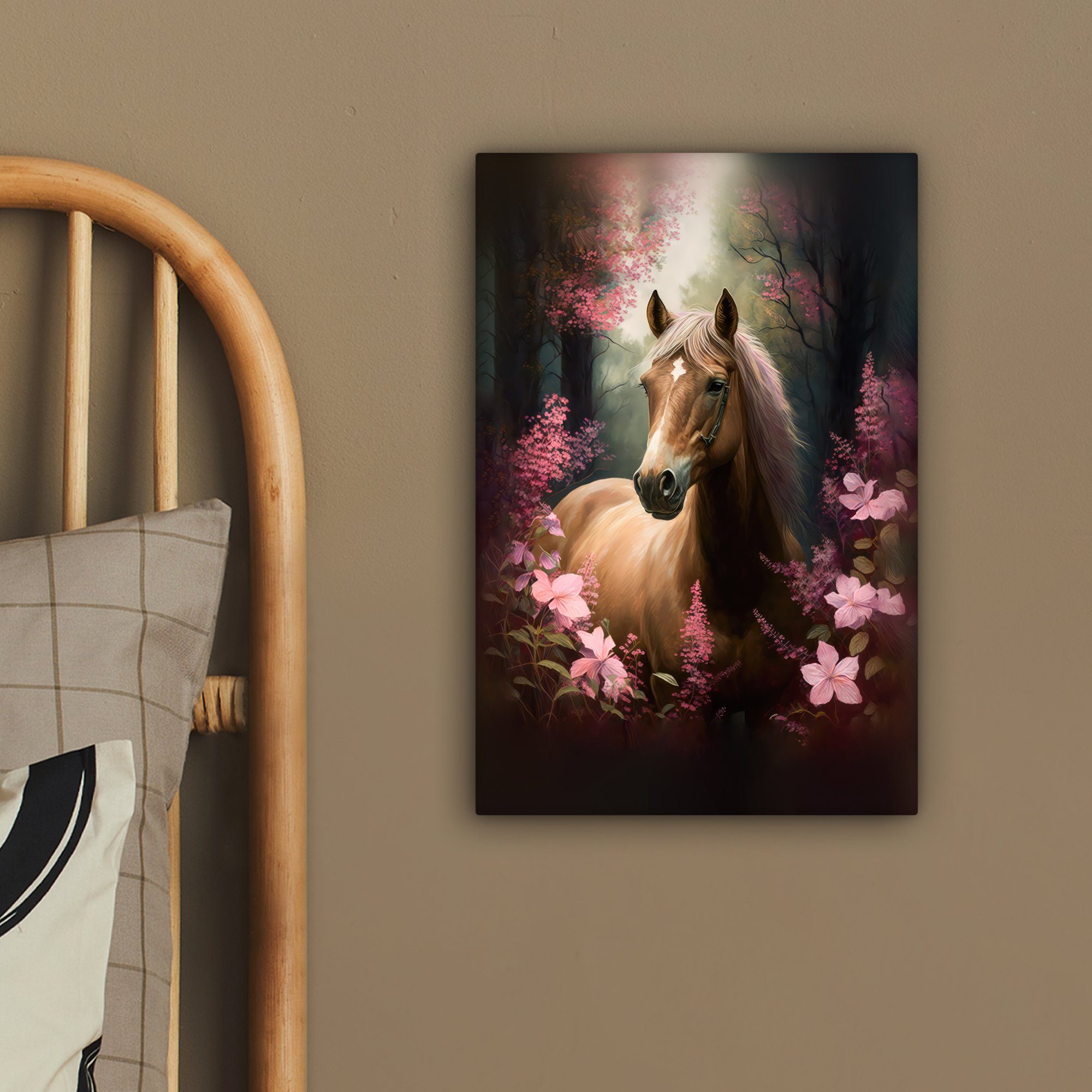 Leinwandbild cm bespannt Wald, - St), (1 inkl. - 20x30 Blumen Gemälde, Zackenaufhänger, OneMillionCanvasses® fertig Rosa - Pferd Leinwandbild Natur -