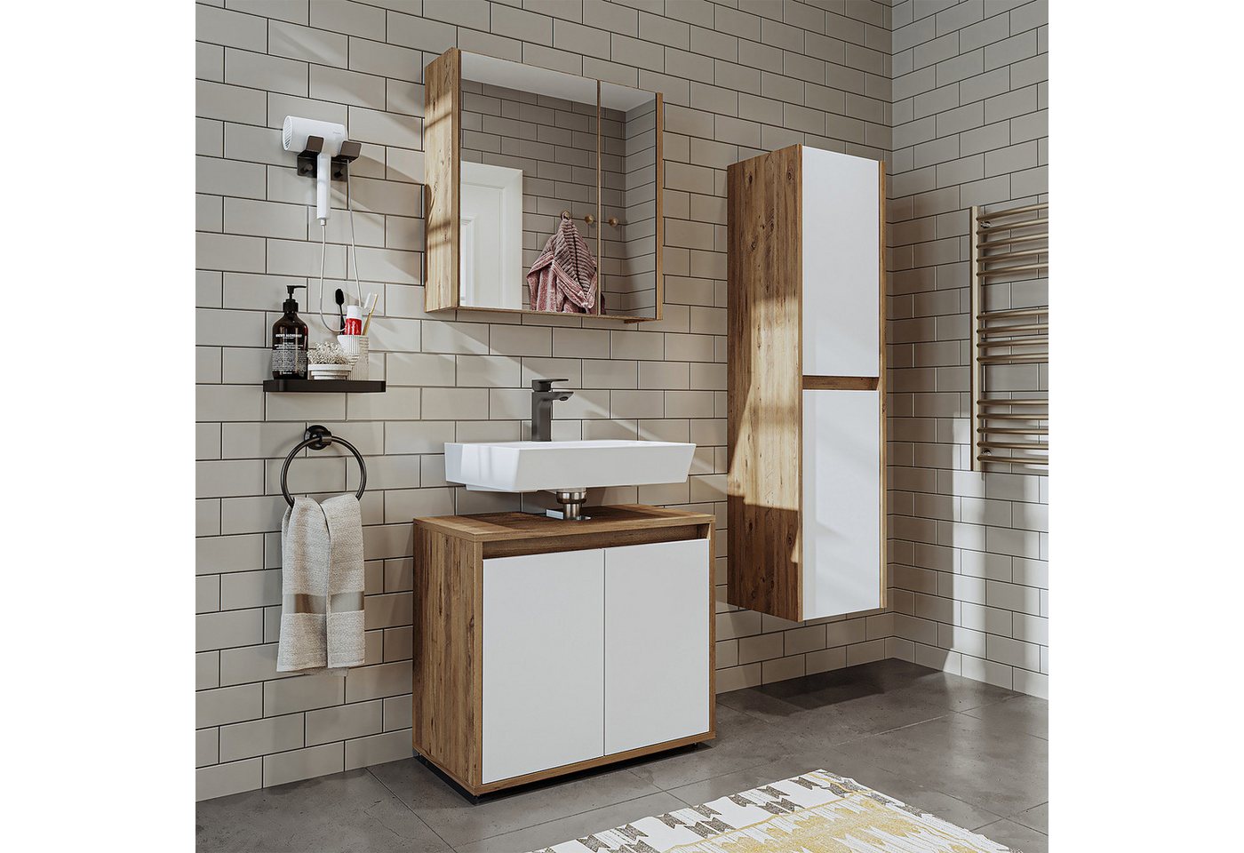 Roomart Badmöbel-Set MELONA 65 cm 3-tlg., Hochschrank, Spiegelschrank, 4 Farben, (Komplett-Set, 3-tlg. Set, stehend, Soft-Close, 2 Jahre Garantie), Soft-Close, stehend, 2 Jahre Garantie, modernes Design in 4 Farben