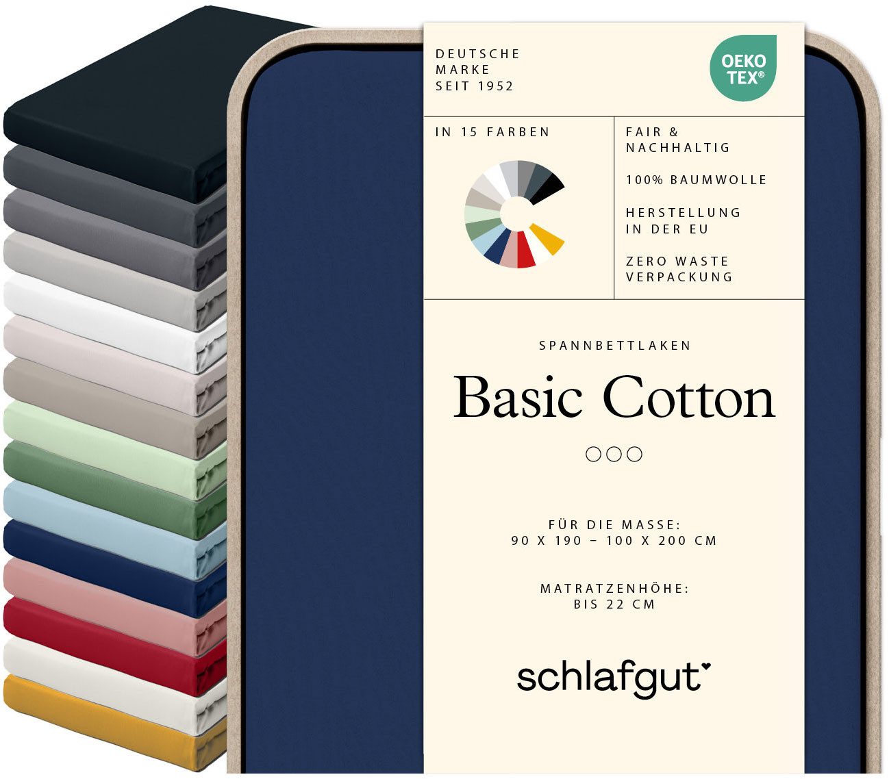 Schlafgut Spannbettlaken Basic Cotton Bettlaken, 160 g/m², 100% Baumwolle, Spannbetttuch, Jersey, Gummizug: rundum, (1 Stück), Spannbettlaken bis 20 cm Matratzenhöhe, bügelfrei und pflegeleicht