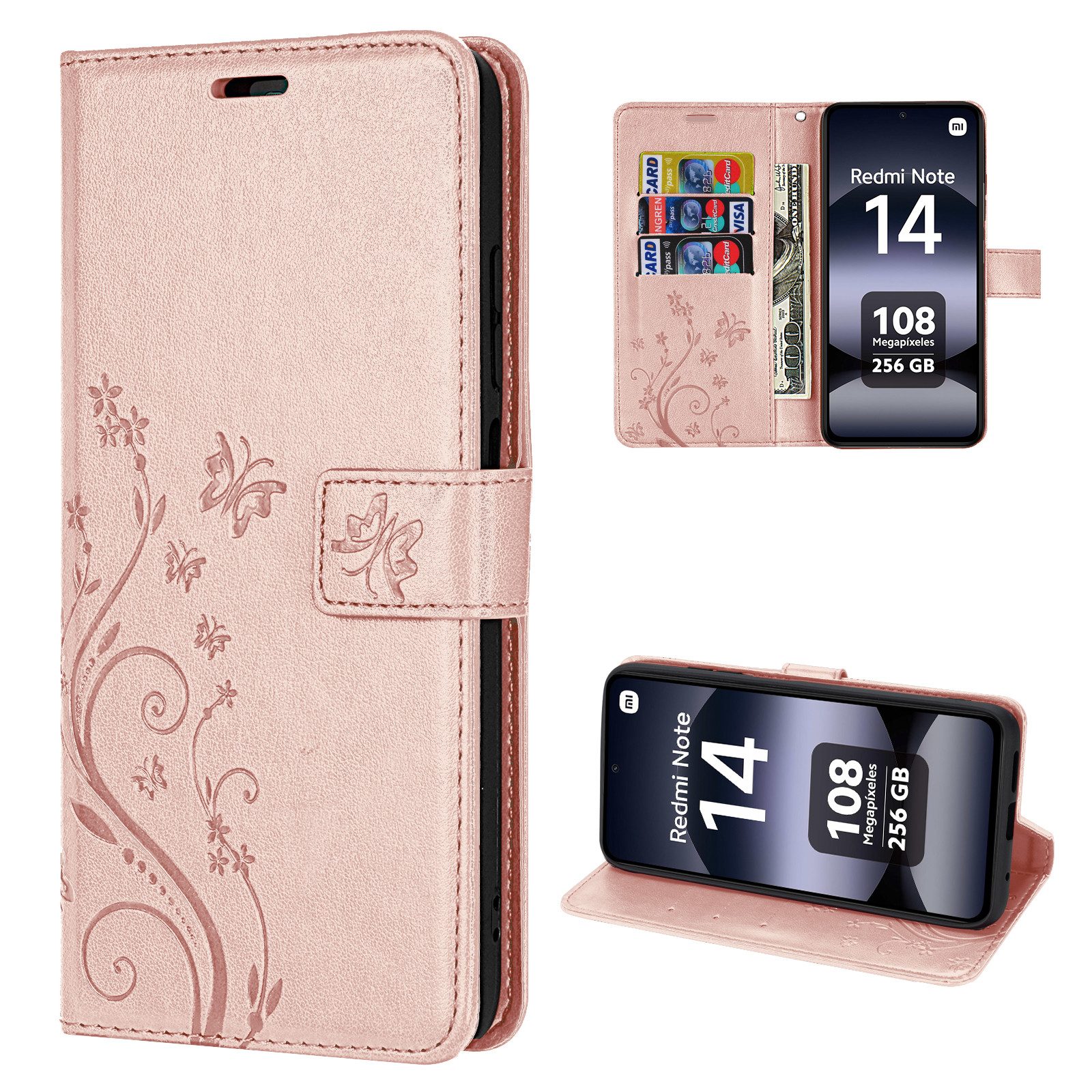 betterfon Handyhülle für Xiaomi Redmi Note 14 4G Handy Wallet Case Flip Cover, Bookstyle-Hülle: Magnetverschluss 3 Kartenfächer & Standfunktion