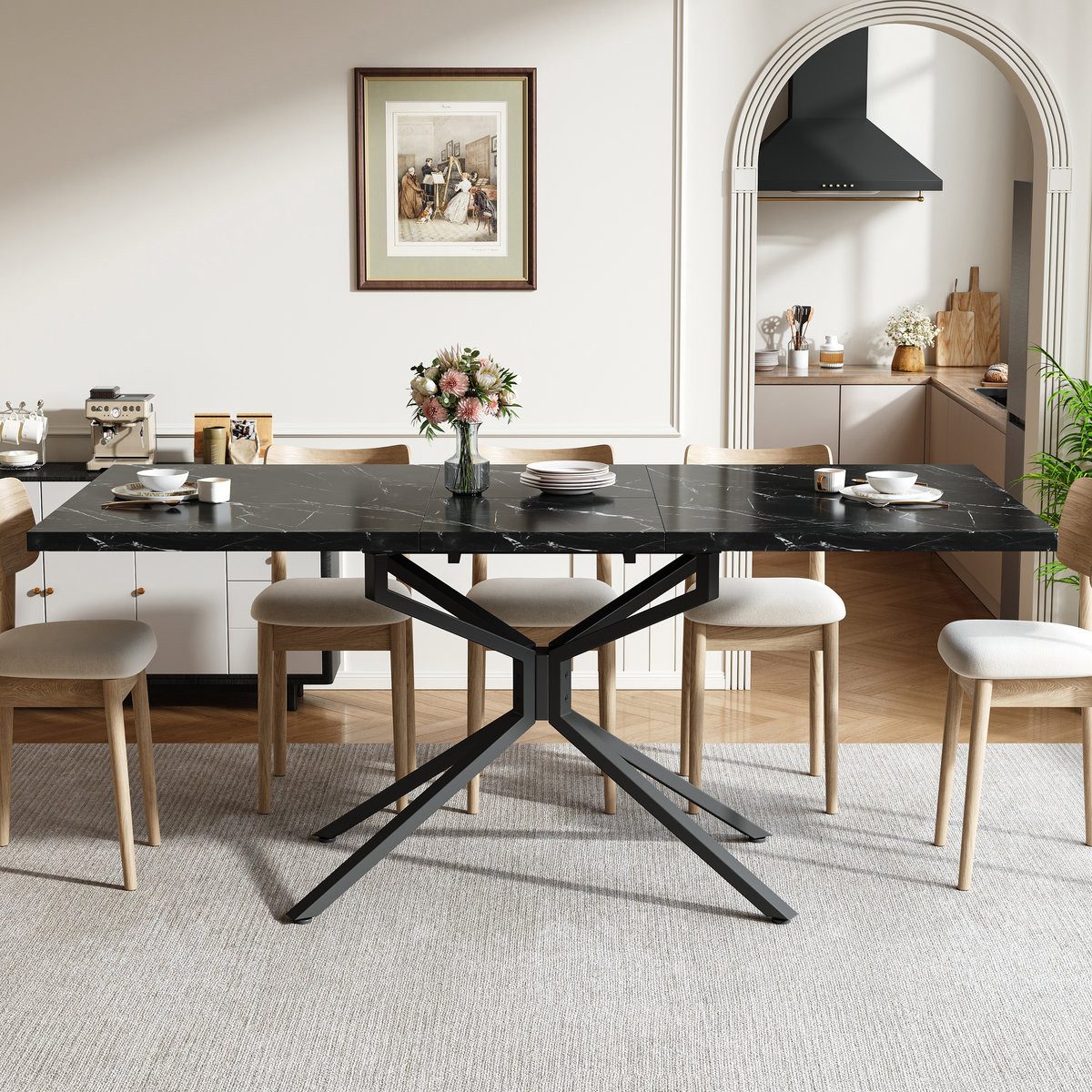 Odikalo Esstisch Küchentisch Wohnzimmertisch mit Metallgestell MDF-Tischplatte (Ausziehbarer Esstisch 120 / 160 × 90 cm, rechteckiger Küchentisch mit sternförmigem schwarzem Metallgestell, verstellbaren Fußpads, Esszimmertisch für 4–6 Personen)