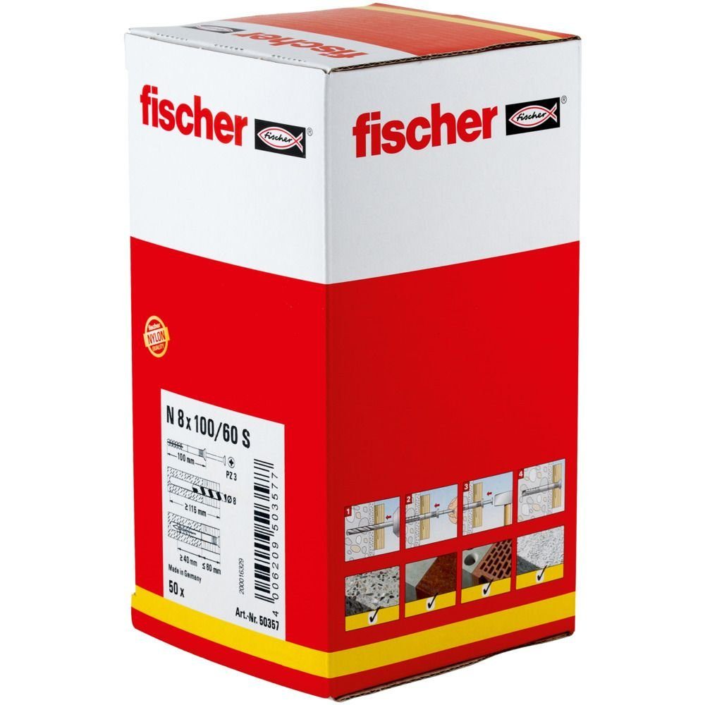 8.0 fischer - 100 Stück x mm Schrauben- Nageldübel und Dübel-Set N 50 Fischer