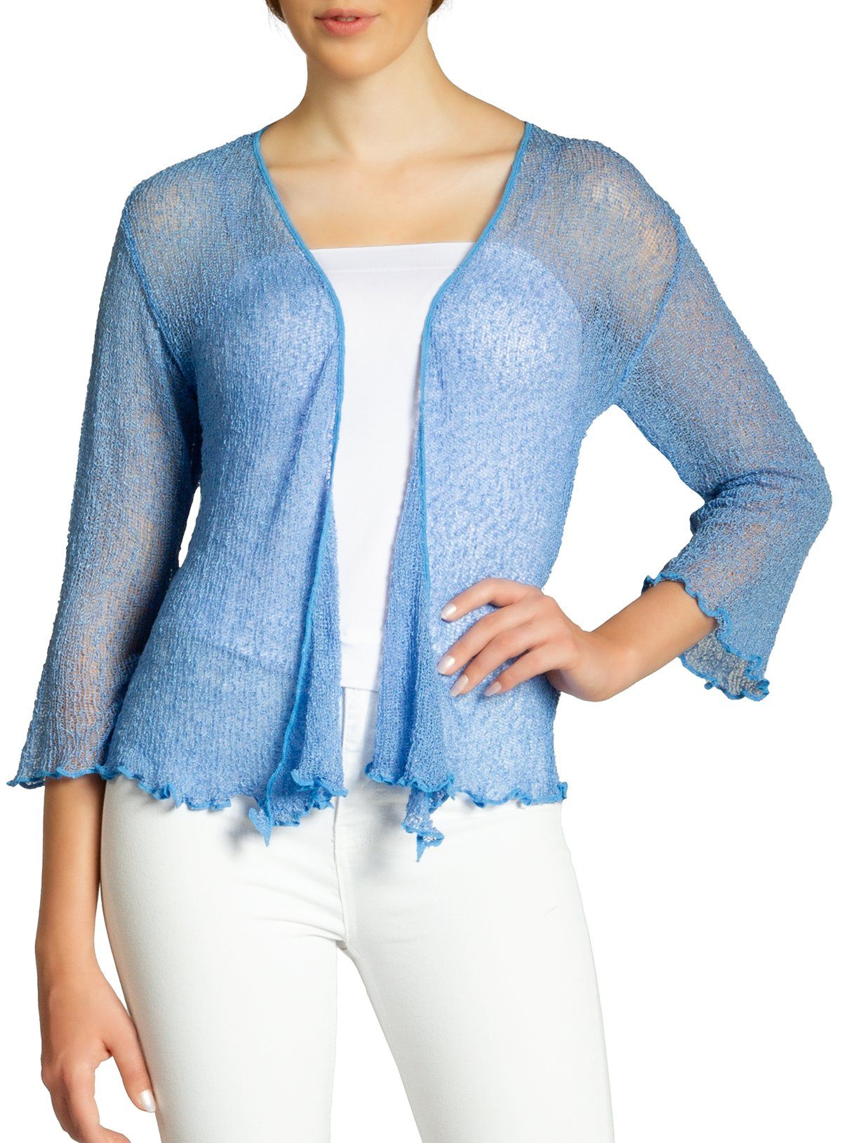 blau 3/4 Caspar Bolero leichter Strickjacke mit STJ022 Arm Damen Sommer angenehm