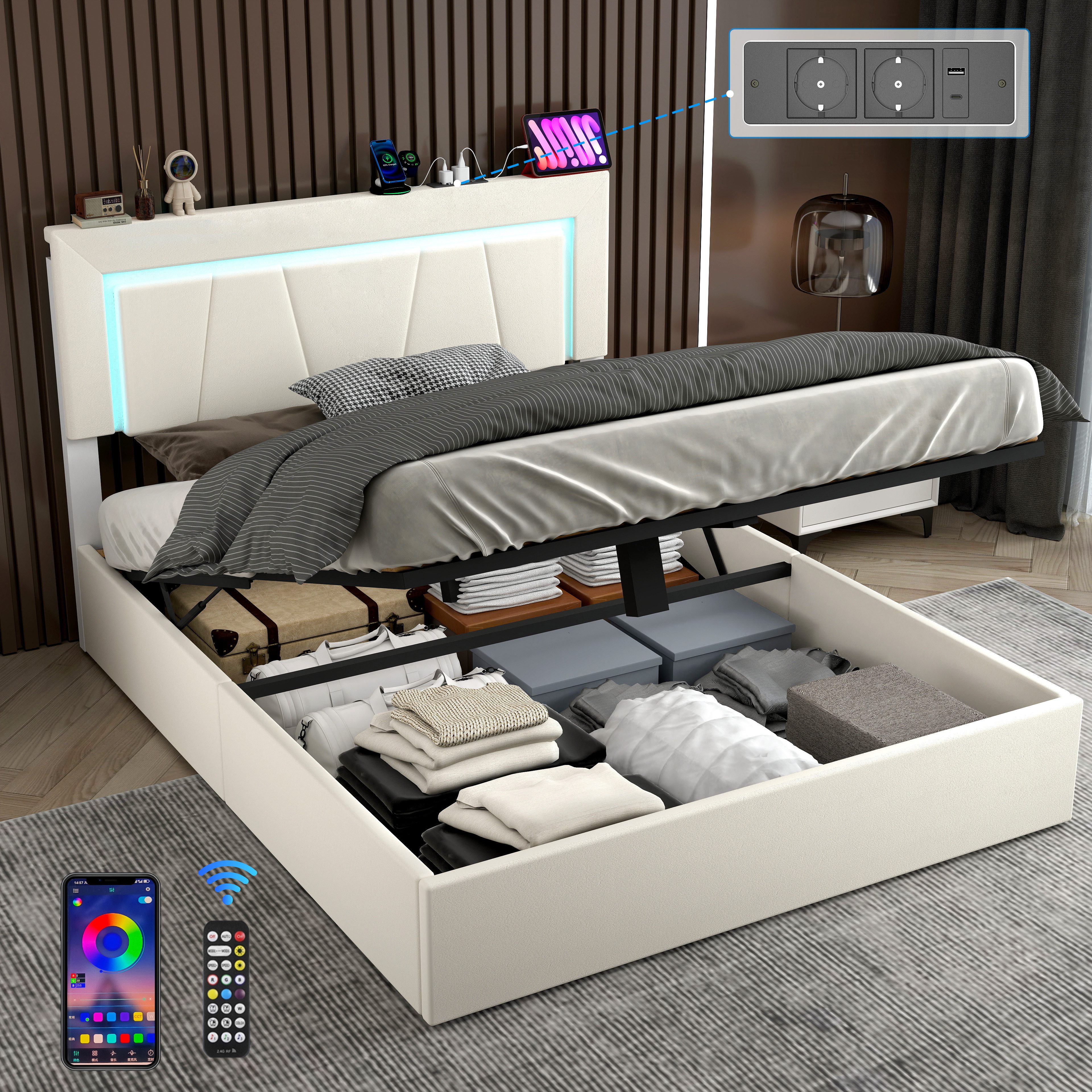 oyajia Polsterbett LED Doppelbett 140x200cm mit Ladefunktion und Hydraulisc günstig online kaufen