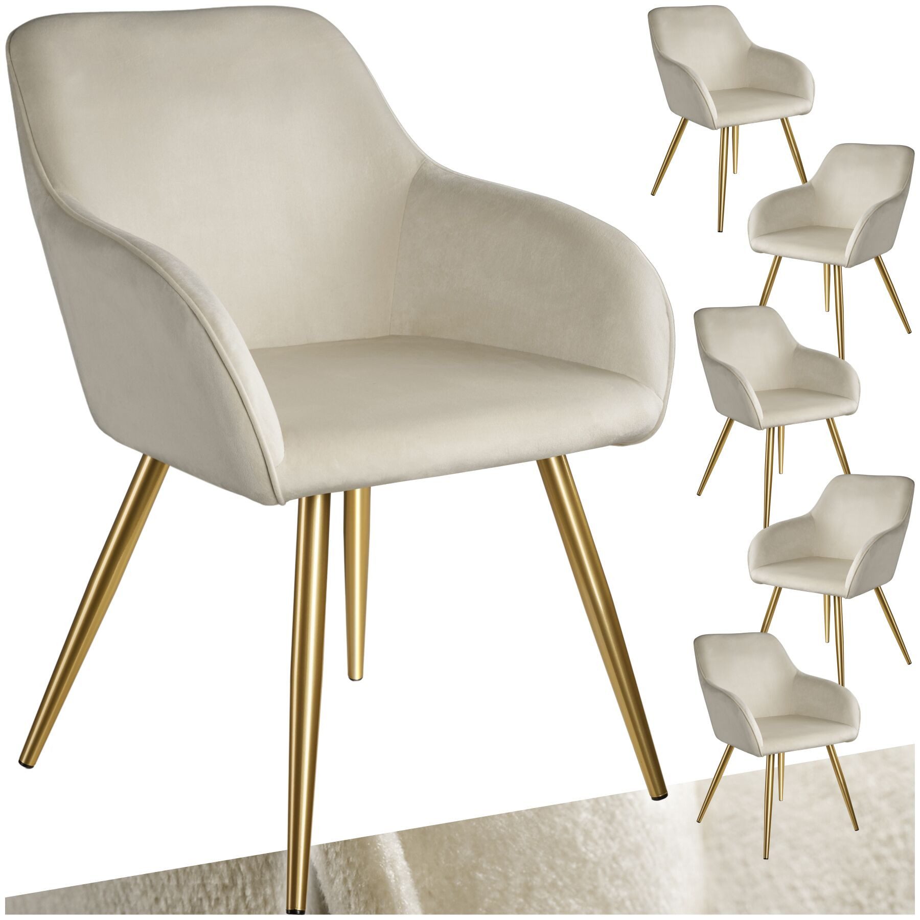 tectake Esszimmerstuhl Küchenstuhl gepolstert, in Samtoptik, 58 x 62 x 82 cm (Wohnzimmerstuhl Marilyn in creme/gold, 6 St), durchgehende Lehne, goldene Stahlbeine, bodenschonend