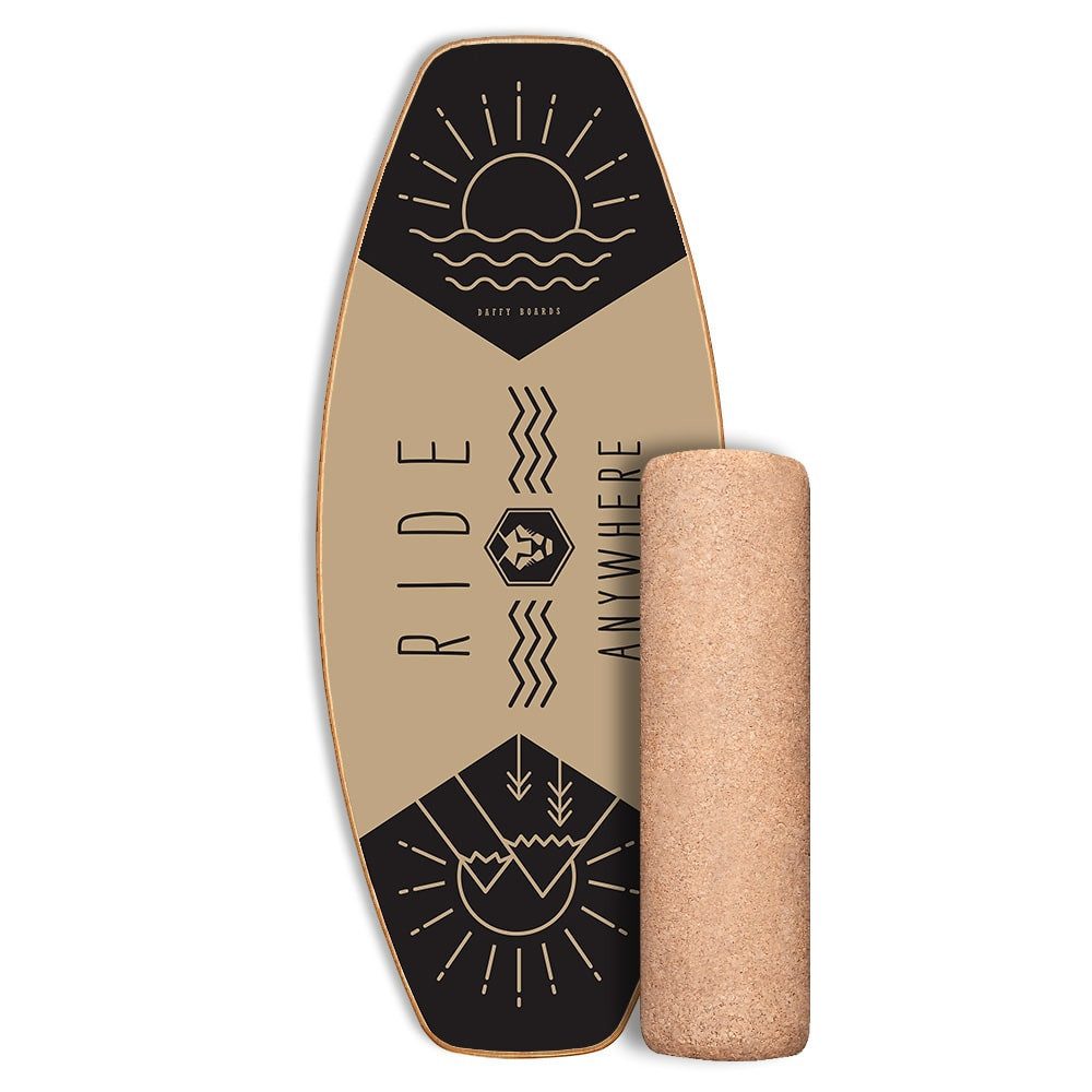 Daffy Boards Balanceboard Allrounder Balance Board Set mit Korkrolle - Design: Ride any Beige