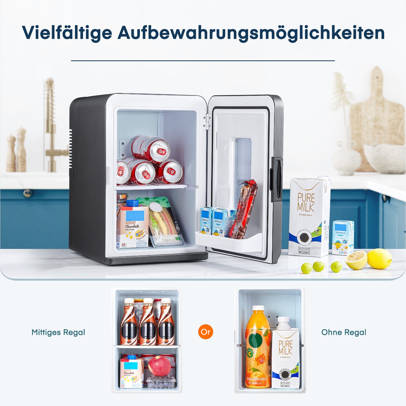 FOHERE Kühlschrank 2-in-1-Minikühlschrank, 15L, Kühlen und Heizen, DC/AC, Schwarz, 41.2 cm hoch, 27.5 cm breit, mit transparentem Sichtfenster und herausnehmbaren Ablagen