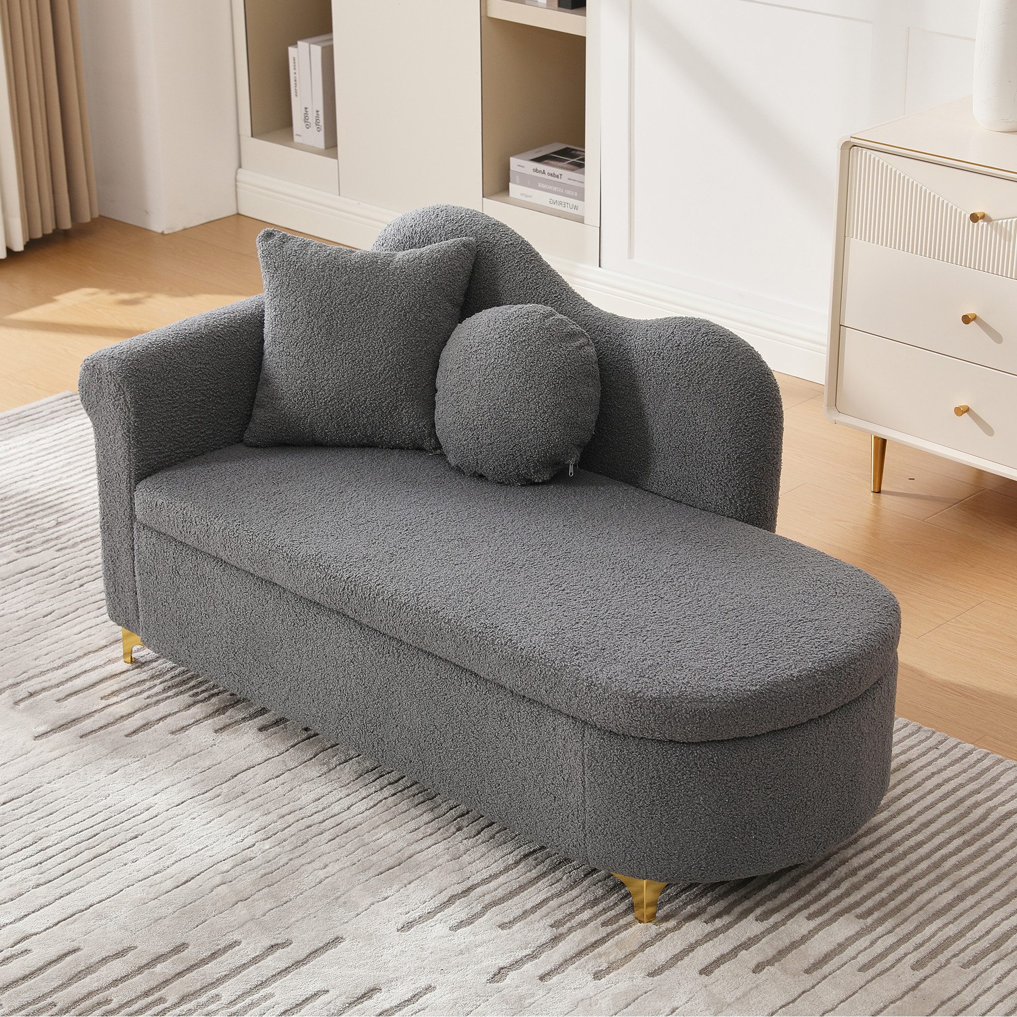 MODFU Chaiselongue Multifunktionale Chaiselongue 134x64x70 cm, Teddyplüsch, Wellenförmige Rückenlehne, hochdichter Sitzkissen 1 Teile, Inkl. Lenden- & Nackenkissen, Stauraum integriert
