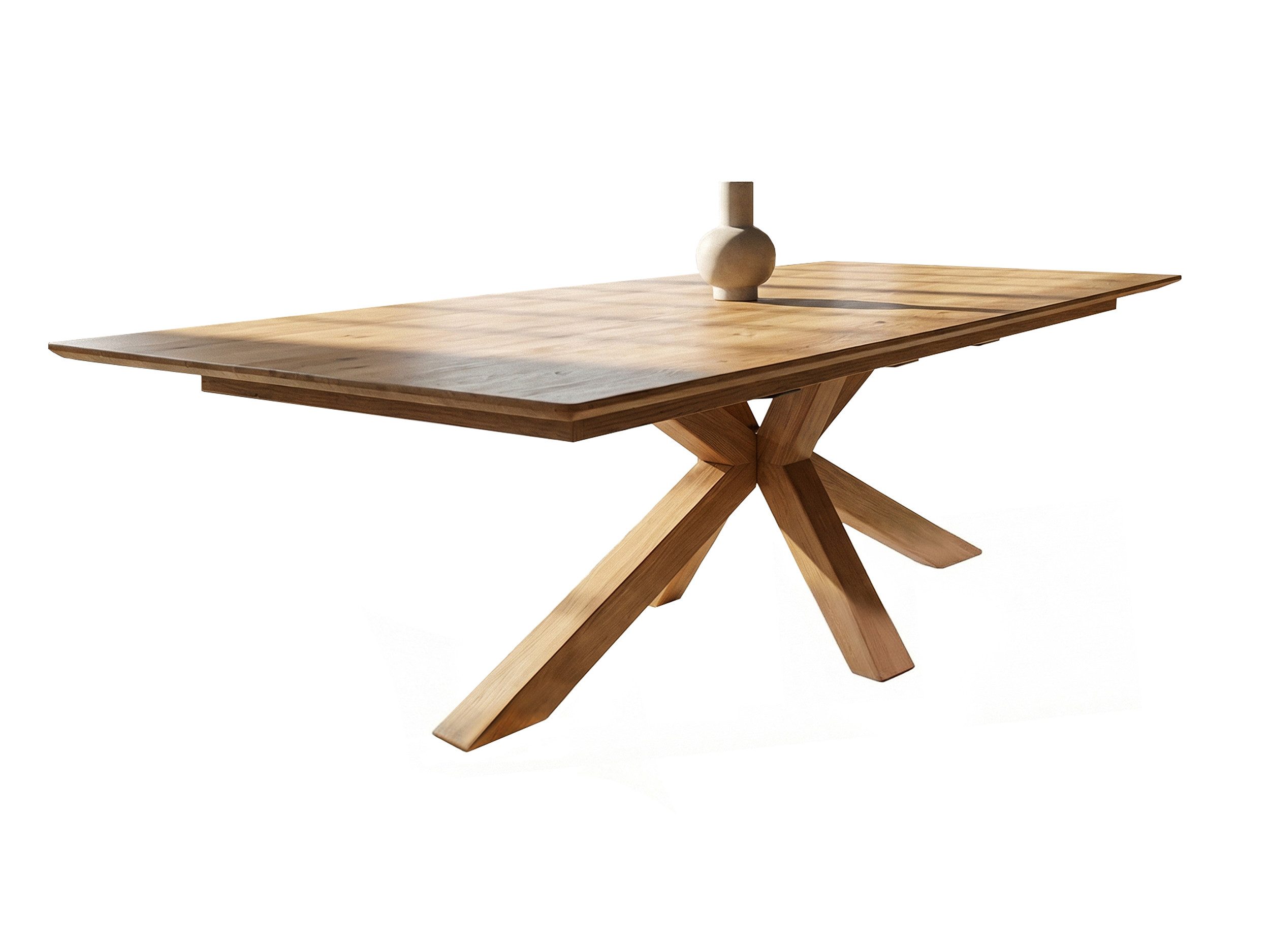 Massivart® Esstisch Wildeiche Massivholz geölt, ausziehbar / Spider-Gestell Holz / RICARDO, Schweizer Kante • innenliegender Butterfly-Auszug • Natur Pur