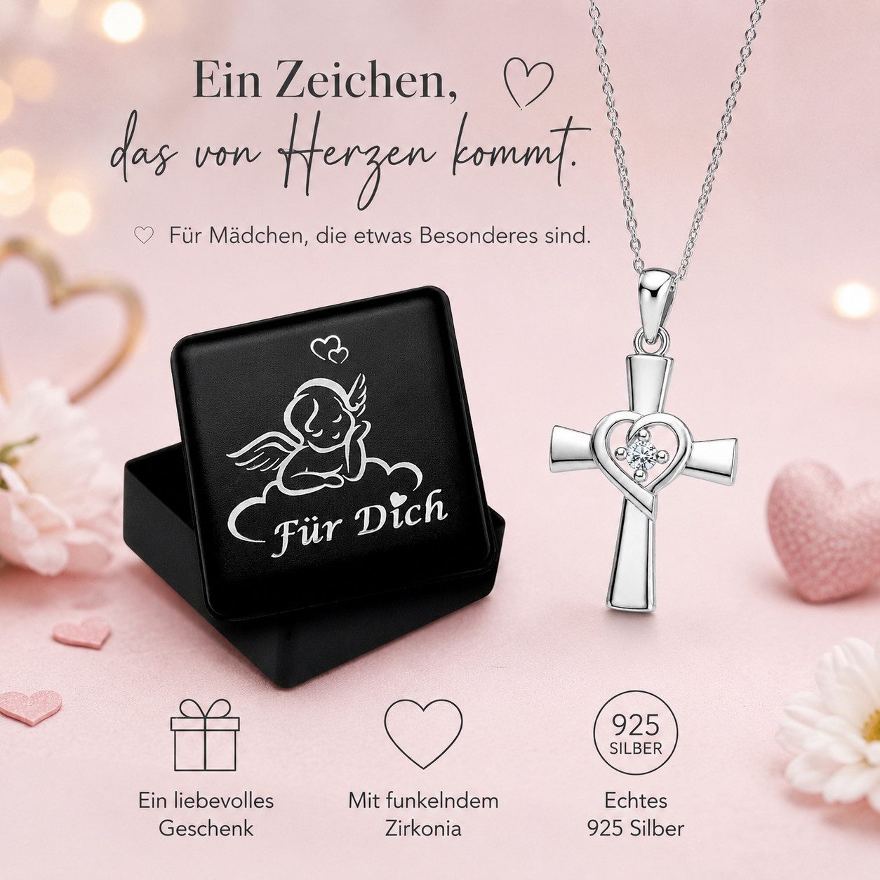 Limana Kette mit Anhänger Herzkreuz Mädchen 925 Silber Zirkonia Schmuck Geschenk (Kinder Halskette inkl. Dose), Geburtstag Einschulung Schulanfang Kommunion Wei – Bild 2 von 5