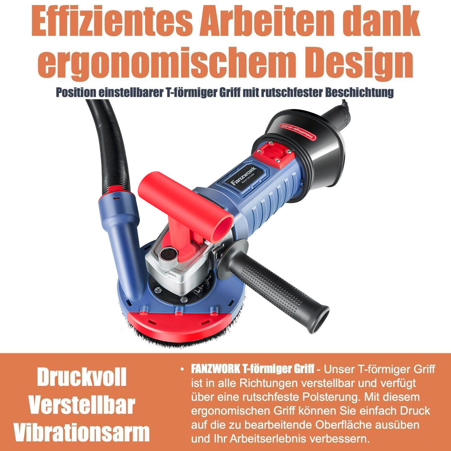 Fanzwork Winkelschleifer 1500W Betonschleifer Drehzahlregelbar, inkl.125mm Diamantschleiftopf, Ideal für Beton, Estrich und Fliesenkleber Schleifen – Bild 4 von 5