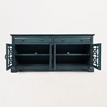 Lomadox Sideboard ALLORA-143, Vintage Kommode 178 cm Akazie Lack antik blau 4 Türen 2 Schubkästen