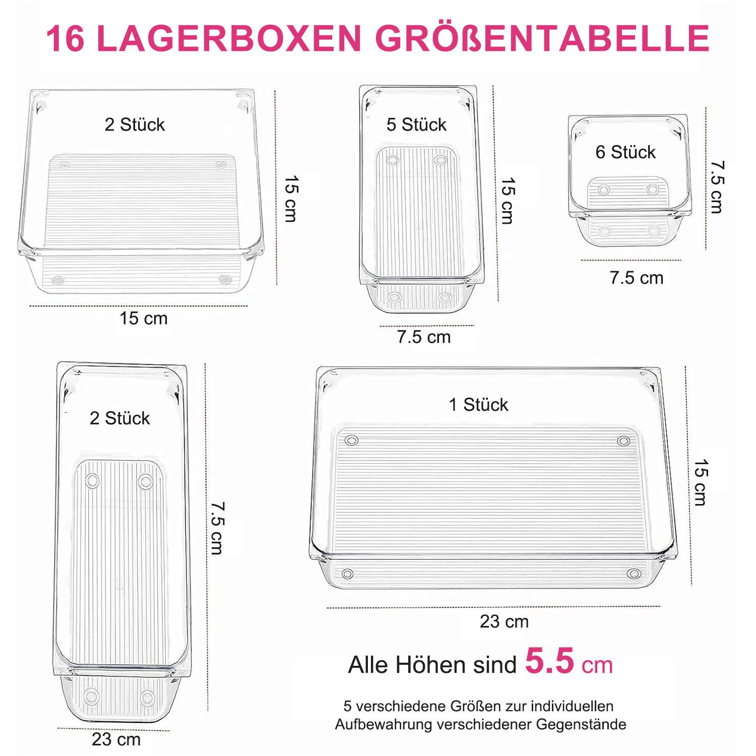 HEYHIPPO Schubladenbox 16 Schubladen-Organizer,5 Größen von Aufbewahrungsboxen für Krimskrams, (16er-Packung, Büroaufbewahrung, Kosmetik-Aufbewahrungsbox-Set, rutschfest), Transparenter Kosmetik-Trennorganizer aus wasserdichtem PET-Material