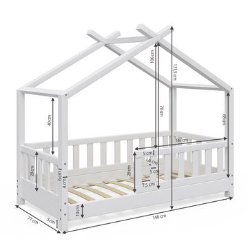 VitaliSpa® Kinderbett Kinderhausbett mit Zaun DESIGN Weiß Matratze