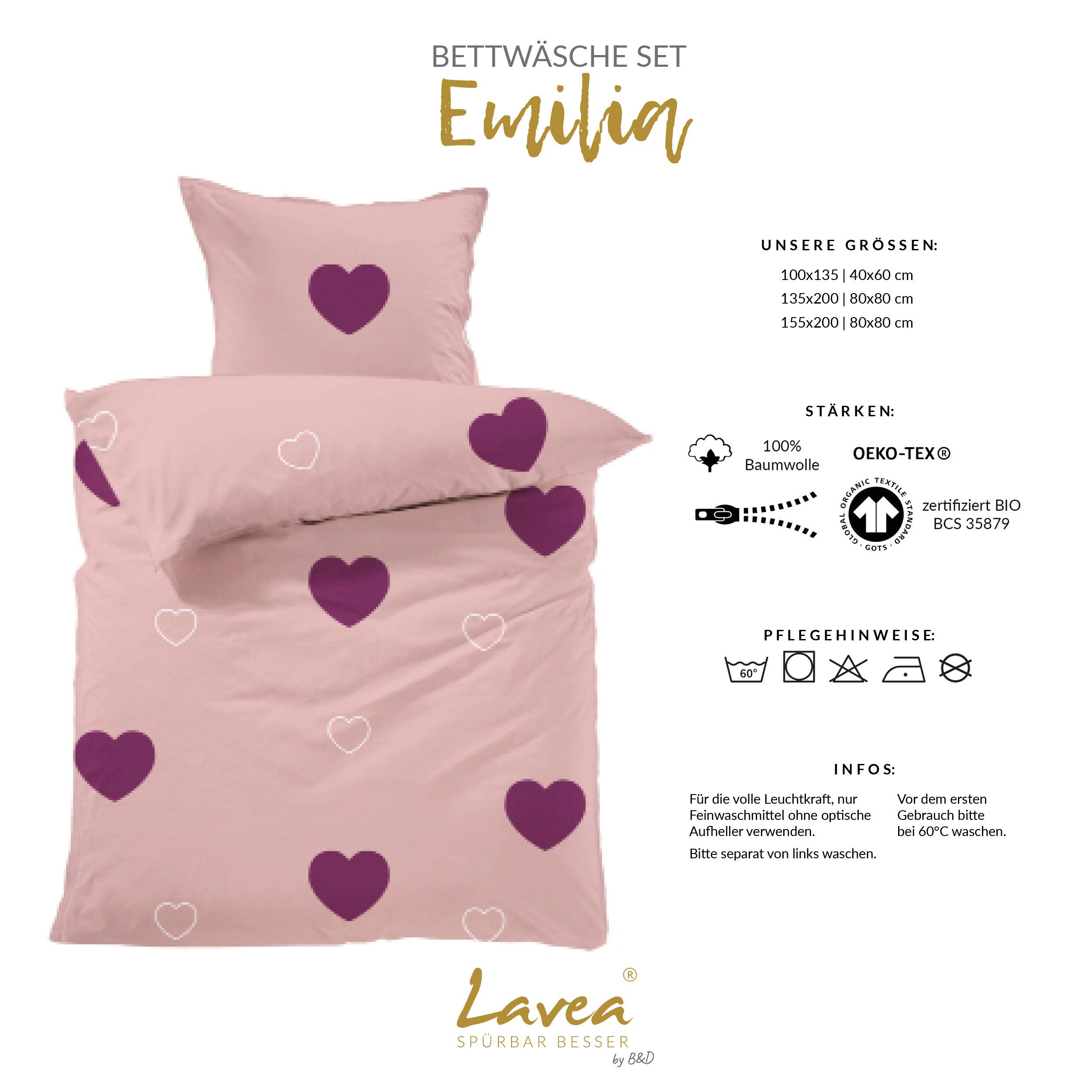 Lavea Kinderbettwäsche Bettwäsche Kinder Herzen Set, mit Reißverschluss, mit Herzmotiv, 100% Baumwolle, 2 teilig, weiche Bezüge für Bettdecke und Kopfkissen – Bild 3 von 5