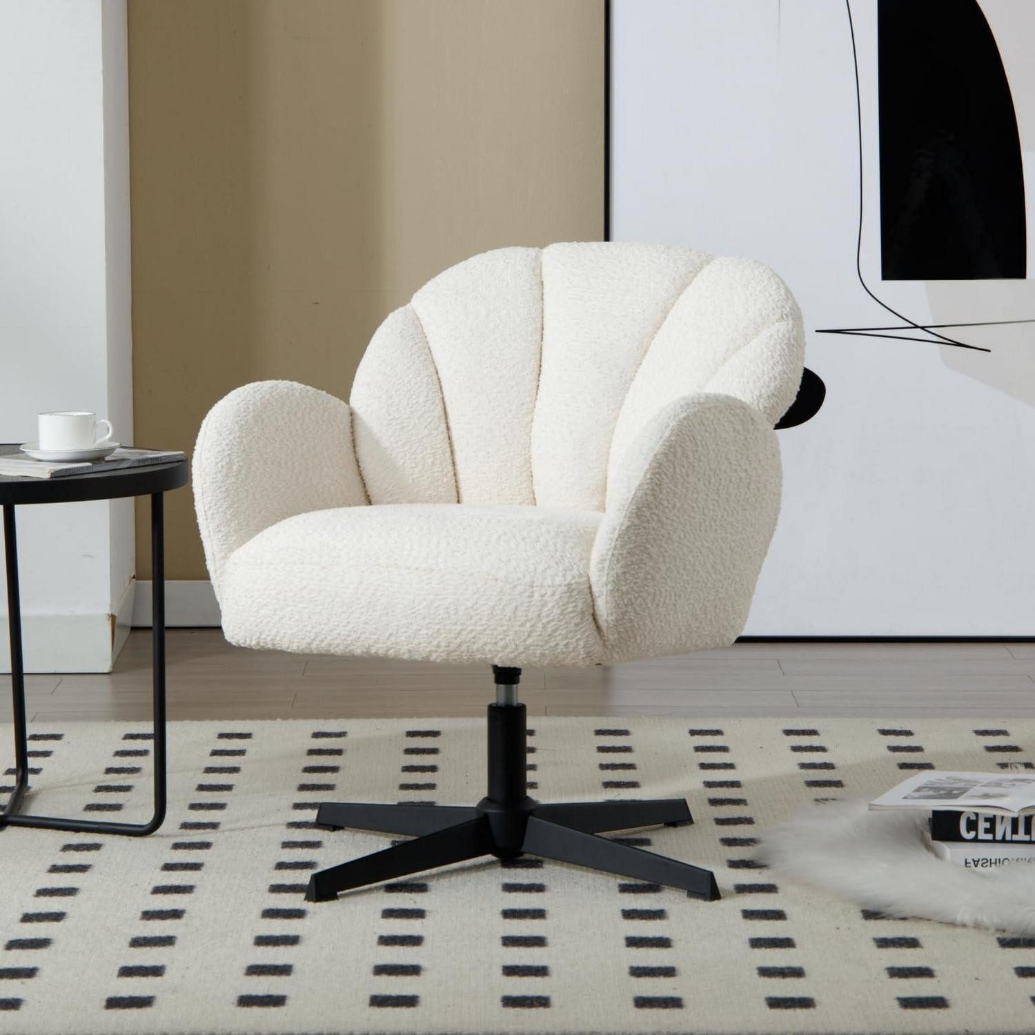 LuxusKollektion Ohrensessel Loungesessel Ohrensessel Muschelsessel 360drehbar Teddystoff Weiß