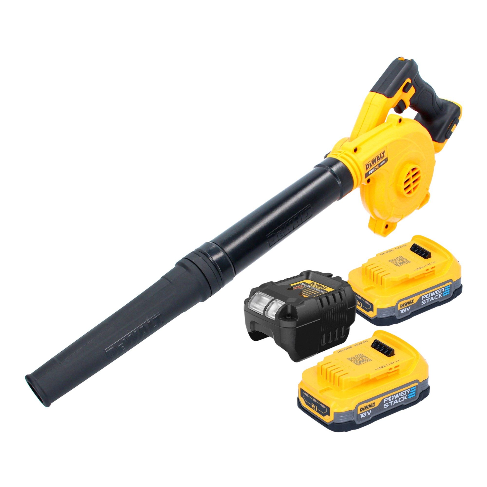 DeWalt Akku-Laubbläser DCV 100 E2 Akku Gebläse 18 V + 2x Powerstack Akku 1,7 Ah + Ladegerät