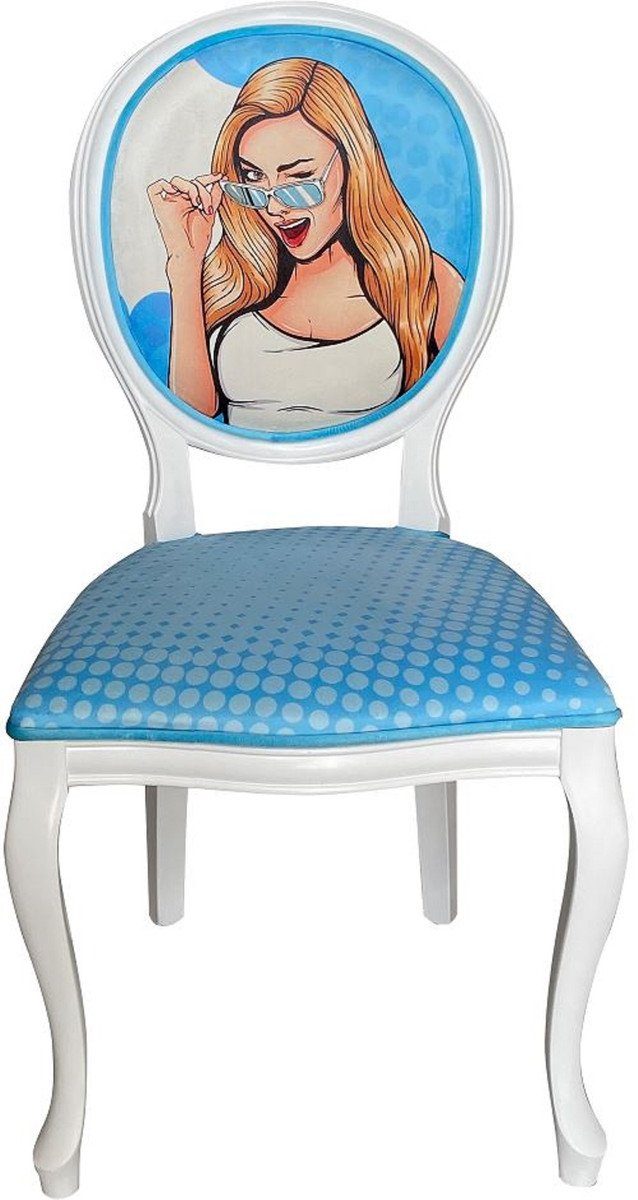 Casa Padrino Esszimmerstuhl Barock Esszimmer Stuhl Blau / Mehrfarbig / Weiß - Handgefertigter Antik Stil Stuhl mit Design - Esszimmer Möbel im Barockstil