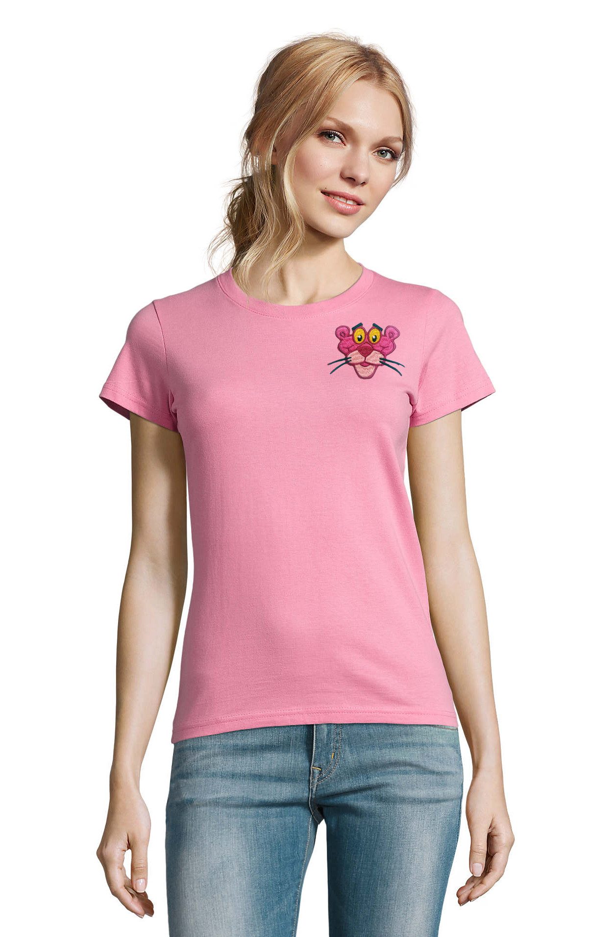 Blondie & Brownie T-Shirt Damen T-Shirt Panther Patch Cartoon Brustmotiv Paulchen Panther Damen T-Shirt Cartoon Panther Patch Brustmotiv Paulchen Panther