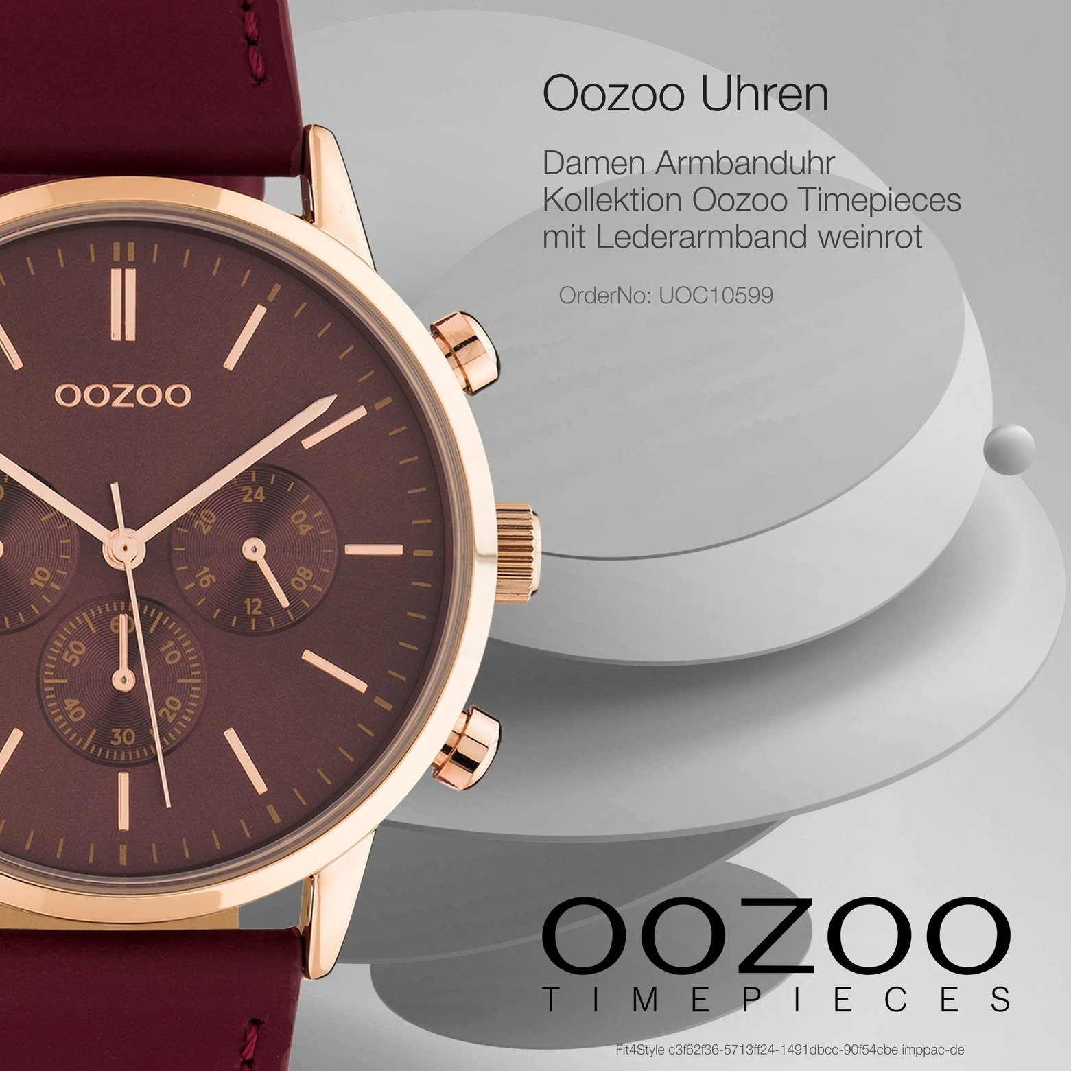 Damen Fashion-Style Oozoo OOZOO Armbanduhr Quarzuhr Analog, Lederarmband, weinrot 40mm) Damenuhr (ca. rund, groß