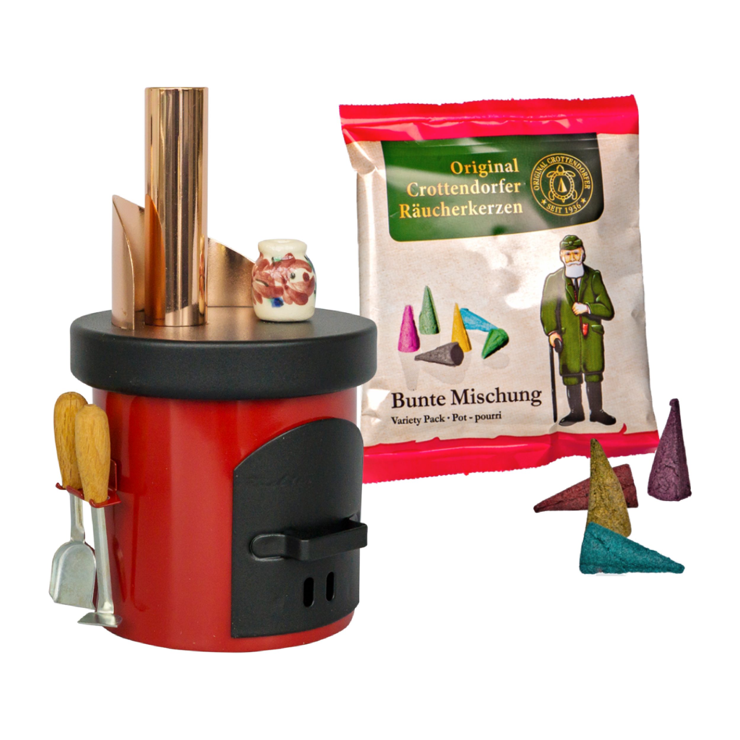 Crottendorfer Räuchermännchen Crottendorfer Räucherhaus Küchenherd inkl. 5 Räucherkerzen Tannenduft, inklusive 5 Räucherkerzen und Ofenbesteck